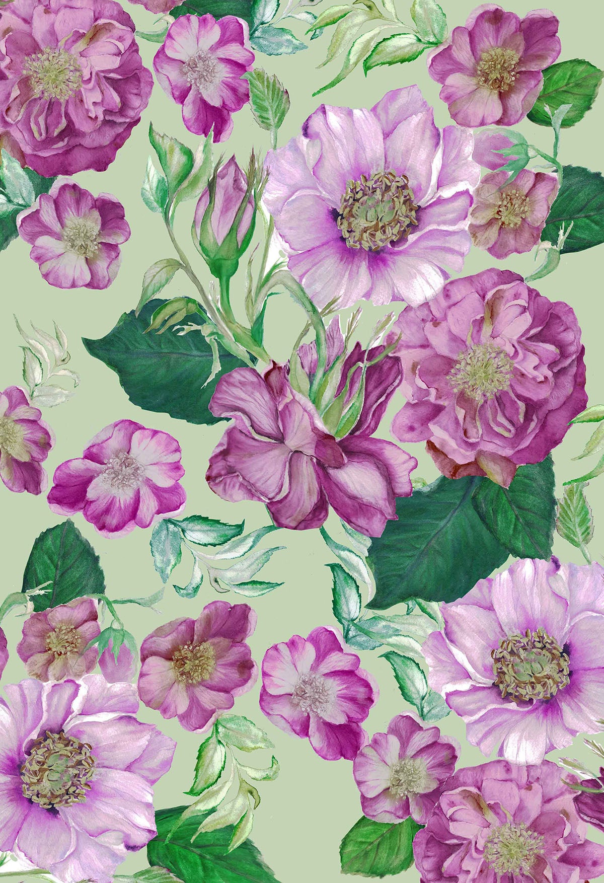 ©Byheart Design Sweden FL0015 — Floral Frenzy Roses, watercolor floral print in sage green colorway. seamless repeat, 300 DPI. Available for B2B licensing.