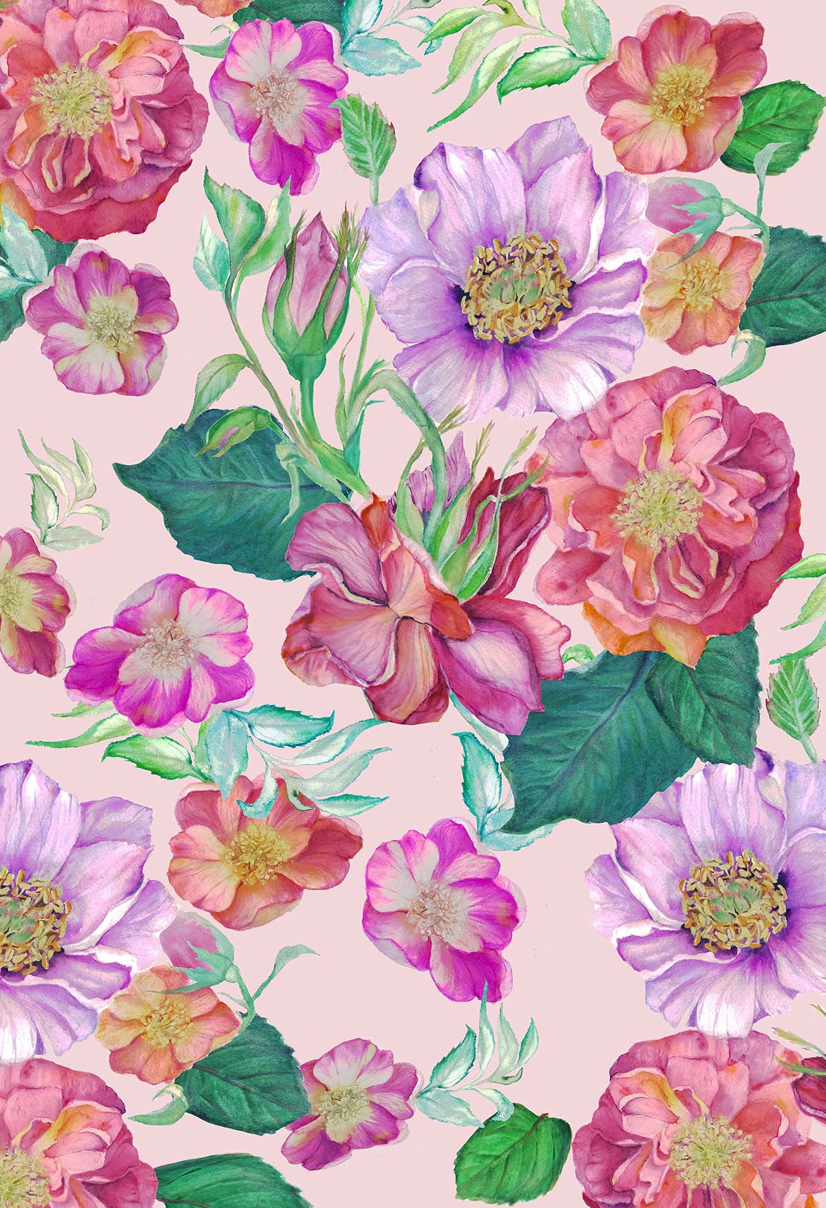 ©Byheart Design Sweden FL0015 — Floral Frenzy Roses, watercolor floral print in pink purple  colorway. seamless repeat, 300 DPI. Available for B2B licensing.