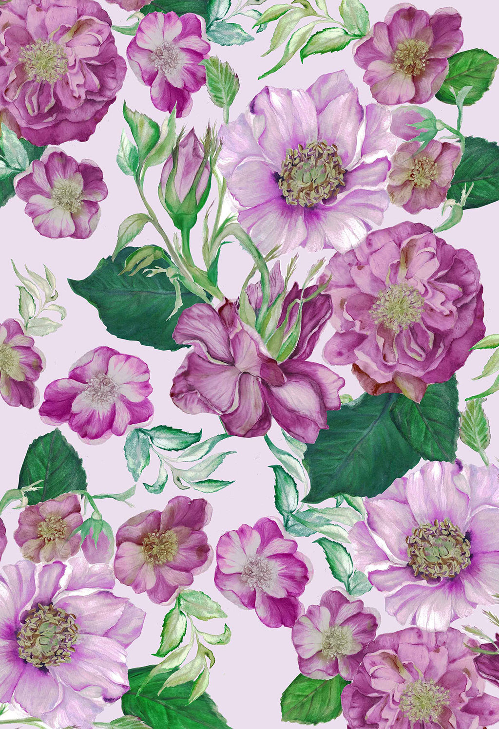 ©Byheart Design Sweden FL0015 — Floral Frenzy Roses, watercolor floral print in light pink  colorway. seamless repeat, 300 DPI. Available for B2B licensing.
