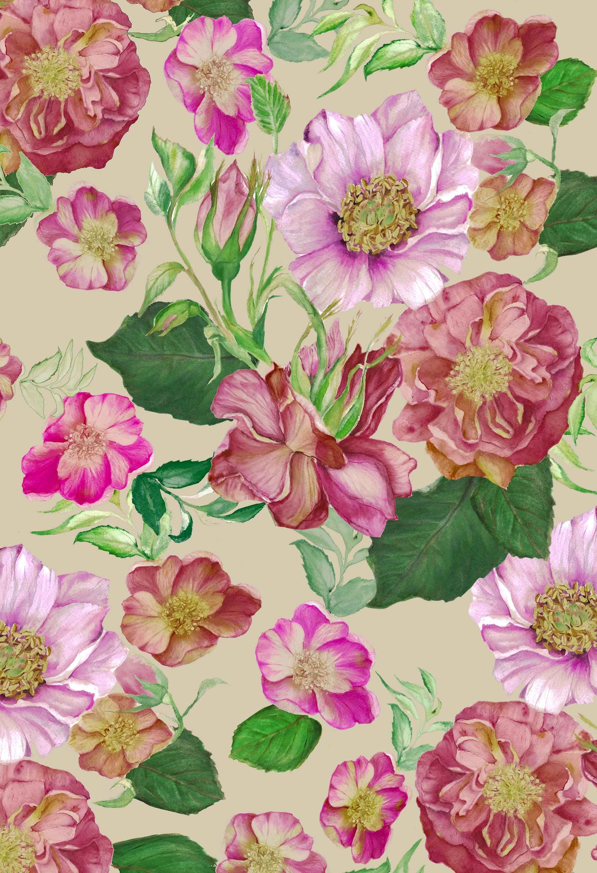 ©Byheart Design Sweden FL0015 — Floral Frenzy Roses, watercolor floral print in peach  colorway. seamless repeat, 300 DPI. Available for B2B licensing.