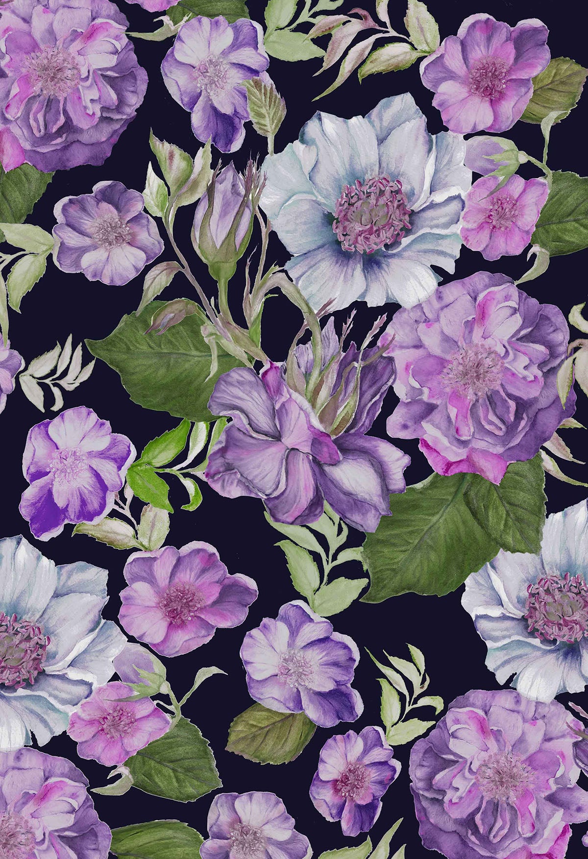 ©Byheart Design Sweden FL0015 — Floral Frenzy Roses, watercolor floral print in black purple colorway. 64×64 cm seamless repeat, 300 DPI. Available for B2B licensing.