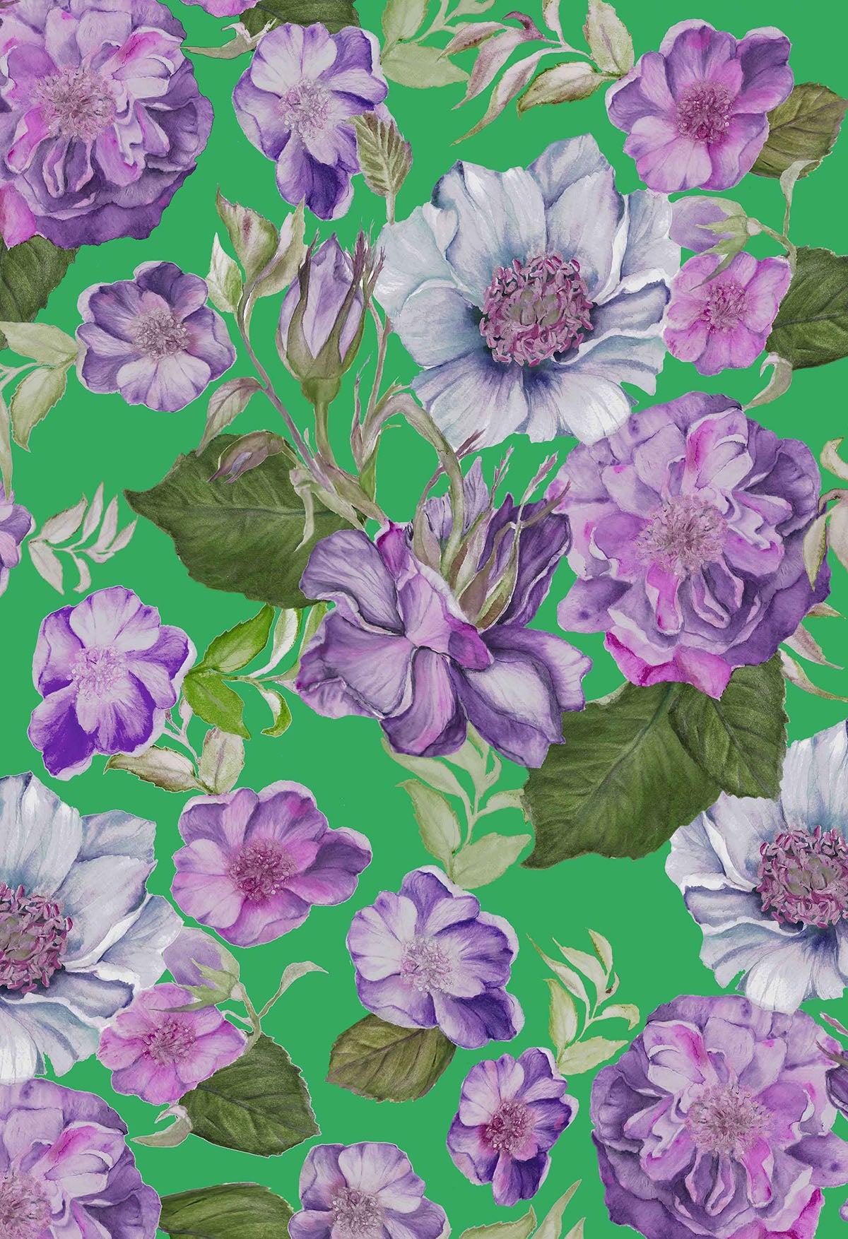 ©Byheart Design Sweden FL0015 — Floral Frenzy Roses, watercolor floral print in gool green colorway. 64×64 cm seamless repeat, 300 DPI. Available for B2B licensing.