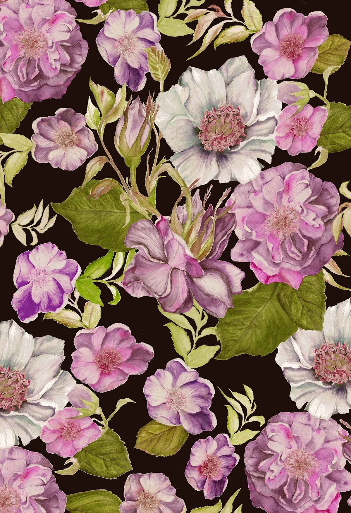 ©Byheart Design Sweden FL0015 — Floral Frenzy Roses, watercolor floral print in peach black  colorway. 64×64 cm seamless repeat, 300 DPI. Available for B2B licensing.