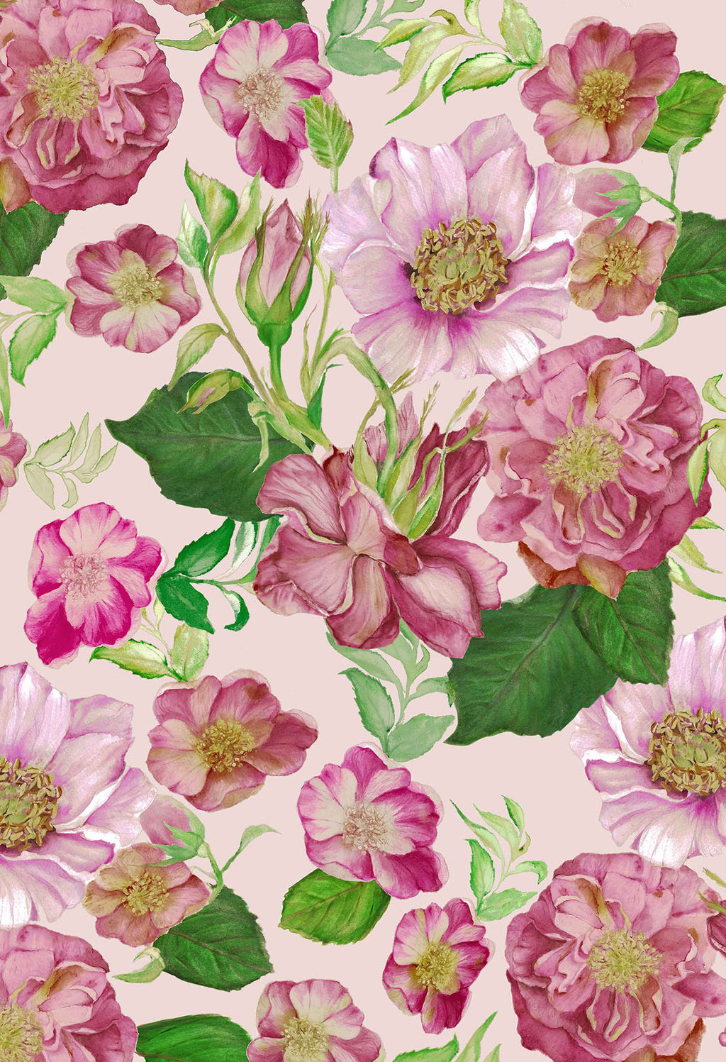 ©Byheart Design Sweden FL0015 — Floral Frenzy Roses, watercolor floral print in pink colorway. 64×64 cm seamless repeat, 300 DPI. Available for B2B licensing.