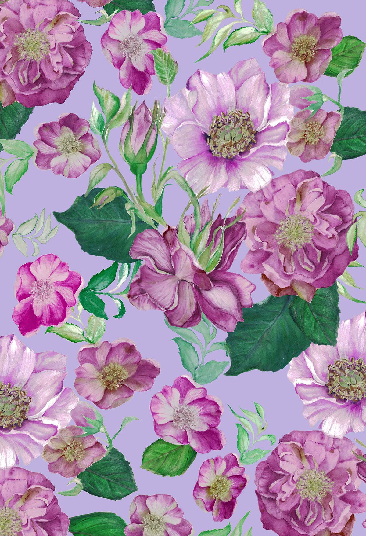©Byheart Design Sweden FL0015 — Floral Frenzy Roses, watercolor floral print in purple colorway. seamless repeat, 300 DPI. Available for B2B licensing.