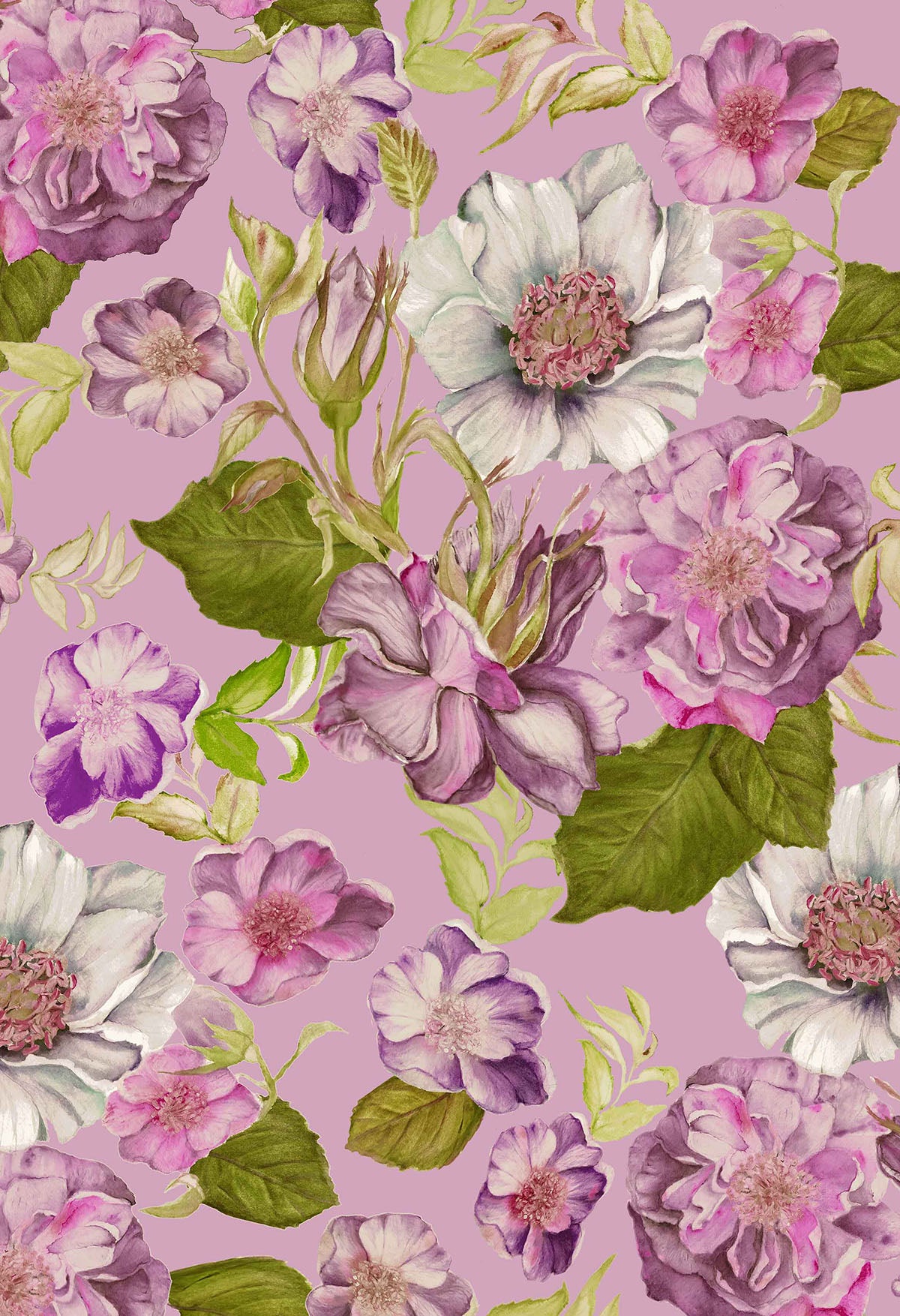 ©Byheart Design Sweden FL0015 — Floral Frenzy Roses, watercolor floral print in ultra rosa colorway. Seamless repeat, 300 DPI. Available for B2B licensing.