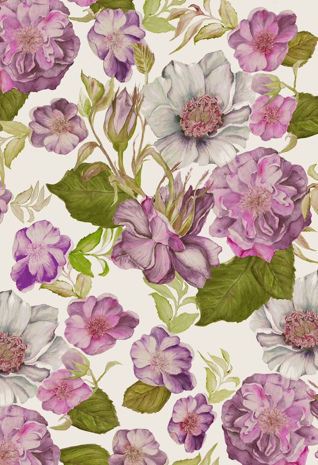 ©Byheart Design Sweden FL0015 — Floral Frenzy Roses, watercolor floral print in white  colorway. 64×64 cm seamless repeat, 300 DPI. Available for B2B licensing.