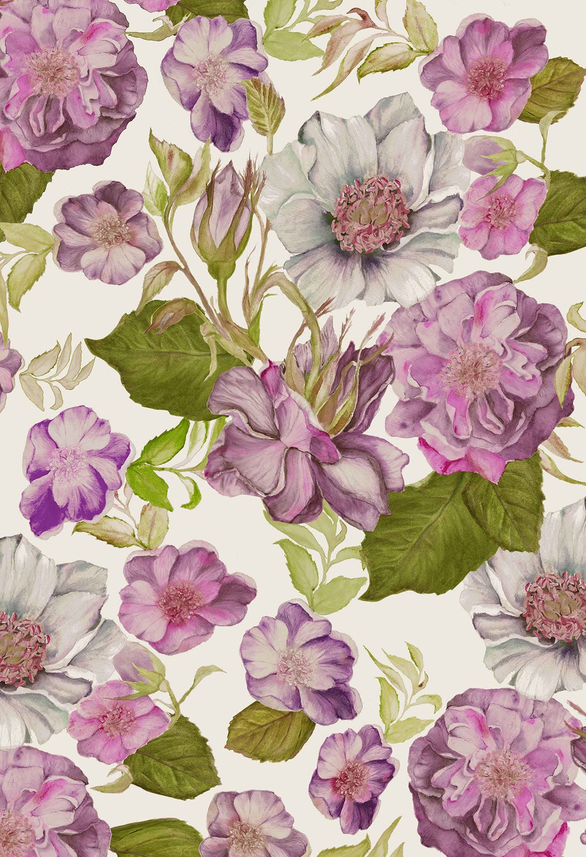 ©Byheart Design Sweden FL0015 — Floral Frenzy Roses, watercolor floral print in white  colorway. 64×64 cm seamless repeat, 300 DPI. Available for B2B licensing.