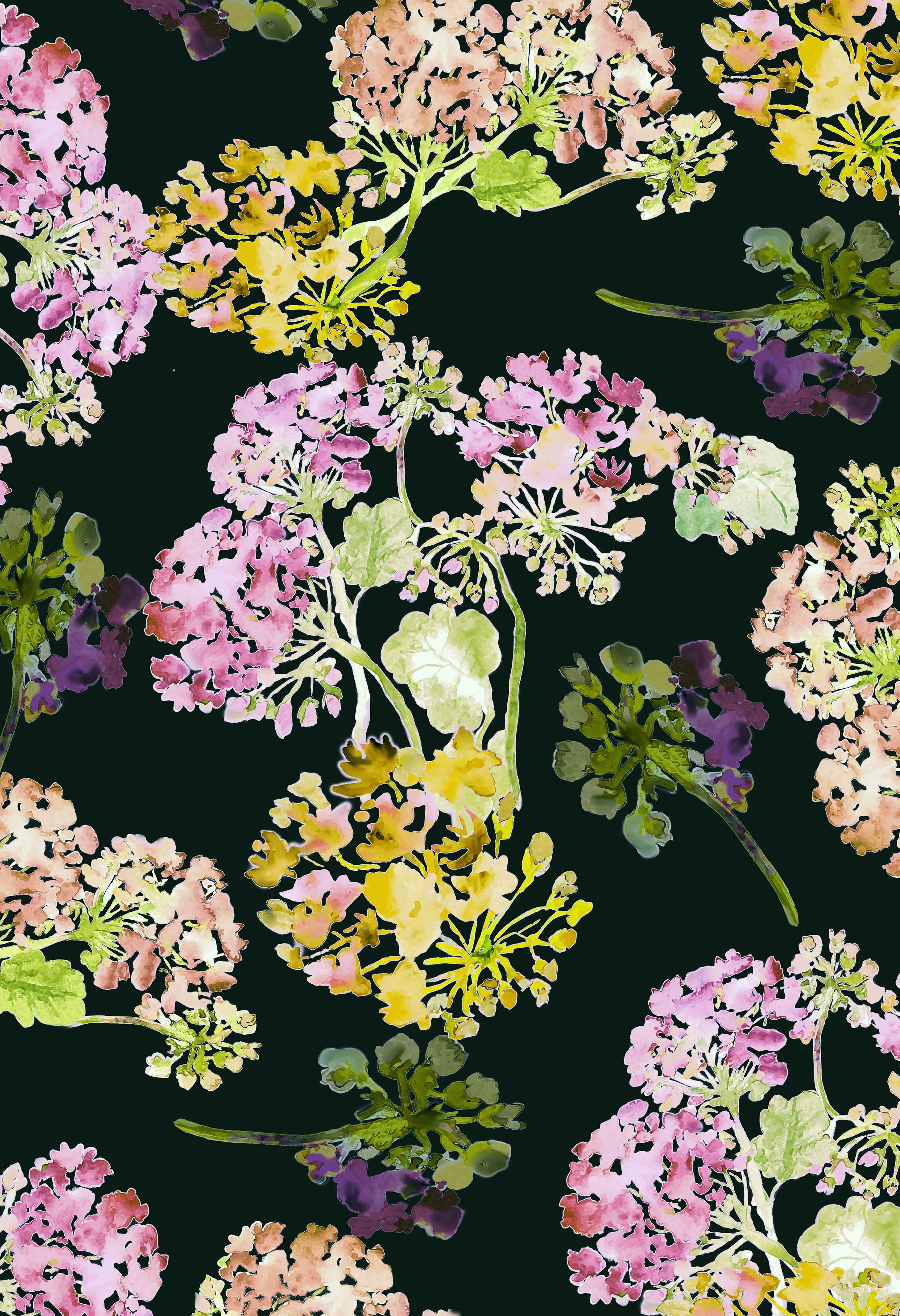 ©Byheart Design Sweden FL0016 — Geraniums Garden, watercolor floral print in yellow black colorway. Seamless repeat, 300 DPI. Available for B2B licensing.