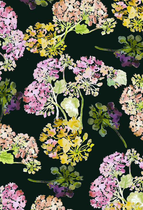 ©Byheart Design Sweden FL0016 — Geraniums Garden, watercolor floral print in yellow black colorway. Seamless repeat, 300 DPI. Available for B2B licensing.