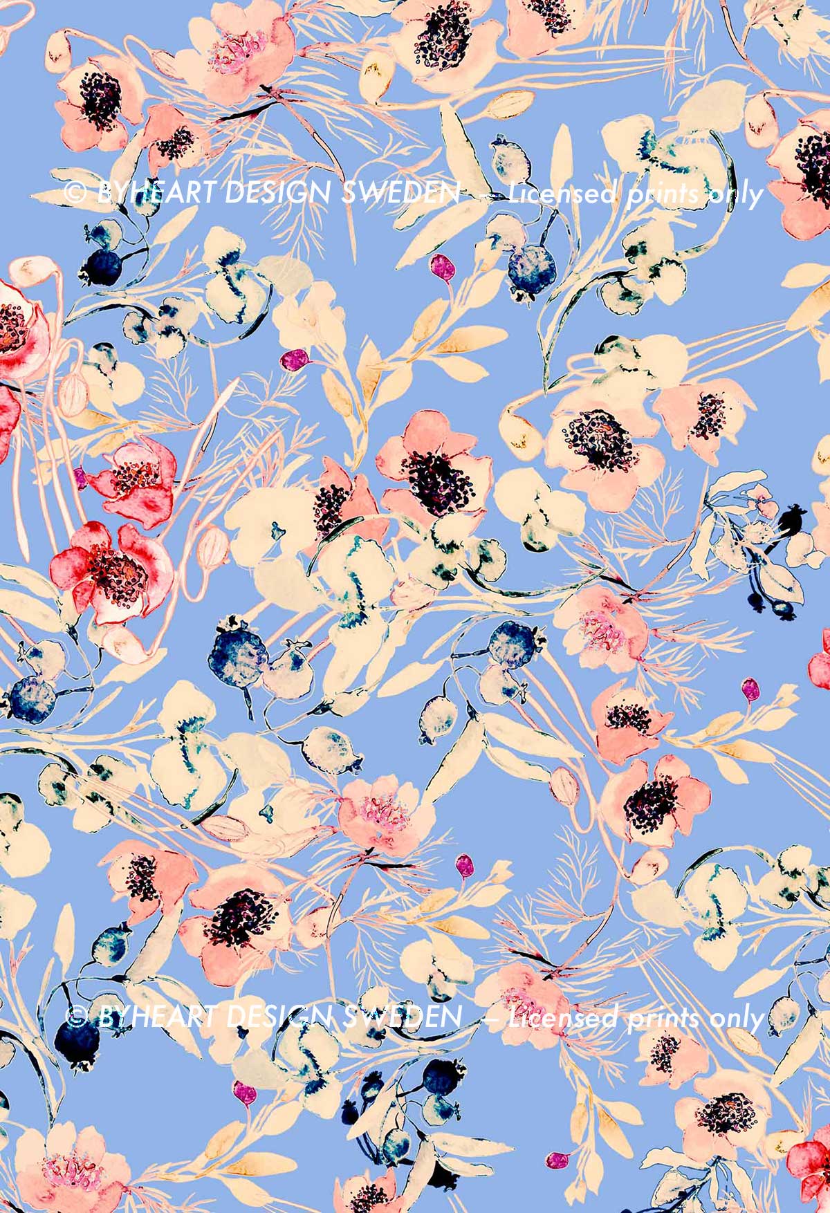 ©Byheart Design Sweden FL002 — Mediterranean Flowers, watercolor floral print in Eucalyptus Green colorway. 300 DPI. Available for B2B licensing.