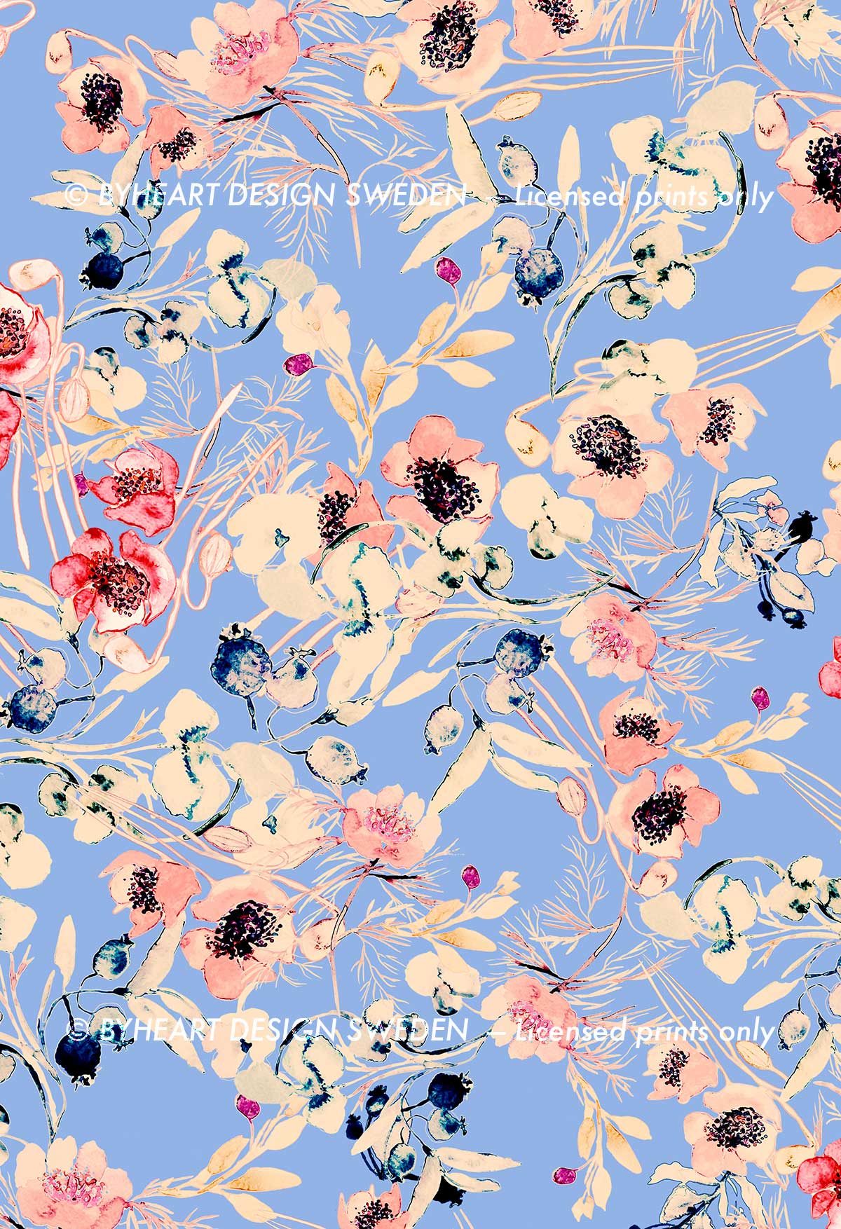 ©Byheart Design Sweden FL002 — Mediterranean Flowers, watercolor floral print in sky blue  colorway. 300 DPI. Available for B2B licensing.