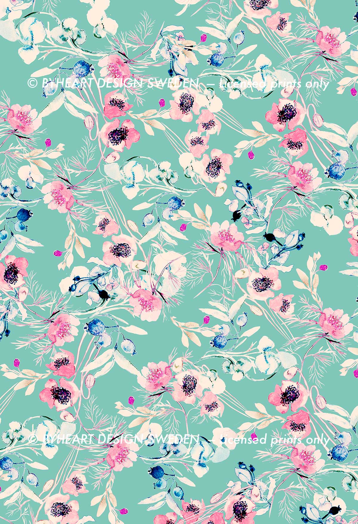 ©Byheart Design Sweden FL002 — Mediterranean Flowers, watercolor floral print in Green mint colorway. 300 DPI. Available for B2B licensing.