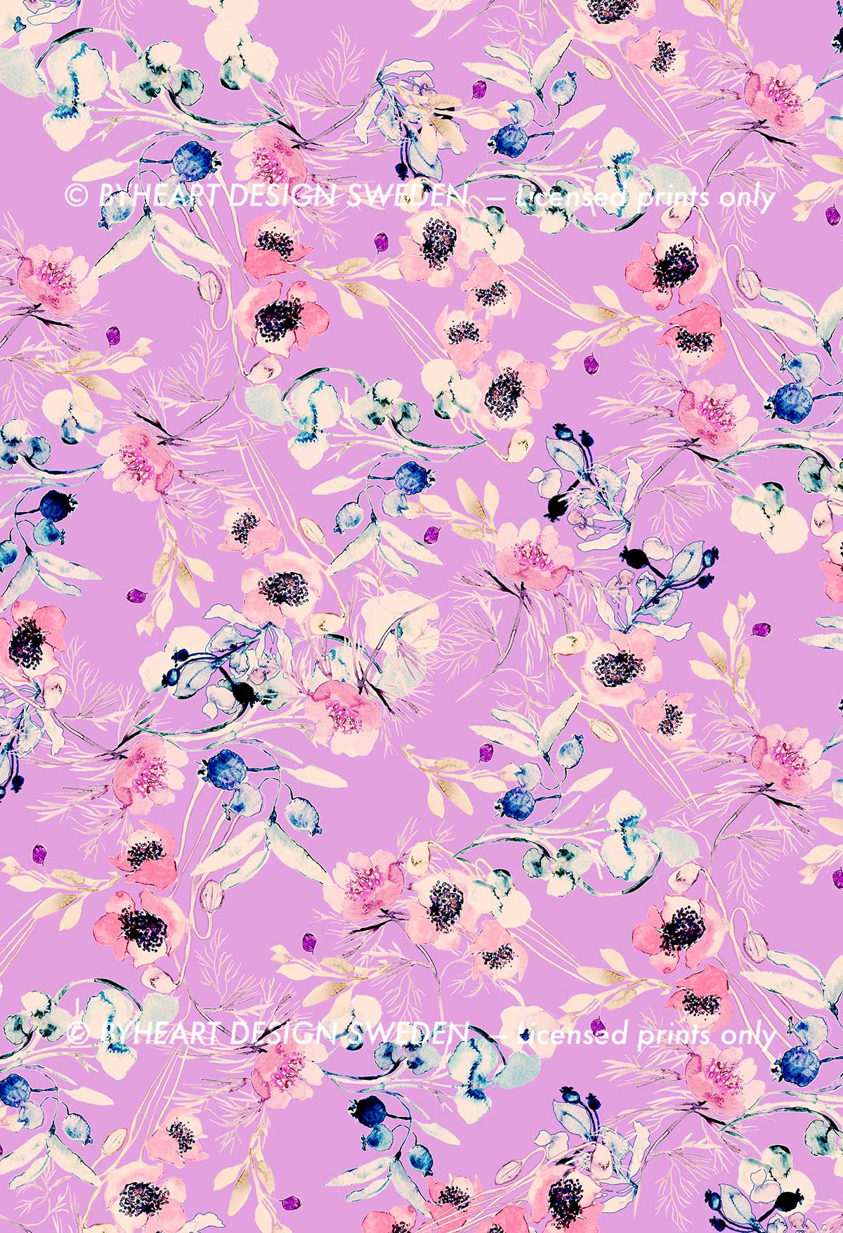 ©Byheart Design Sweden FL002 — Mediterranean Flowers, watercolor floral print in Pink colorway. 300 DPI. Available for B2B licensing.