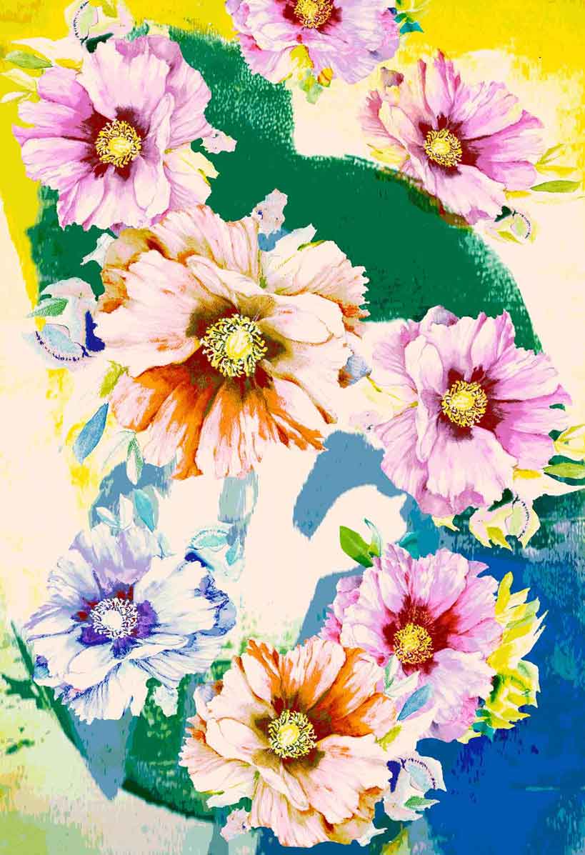 ©Byheart Design Sweden FL0020 — Dahlia Garden, painterly flowers in pink, peach and lilac against expressive green, yellow and blue brushstrokes.
