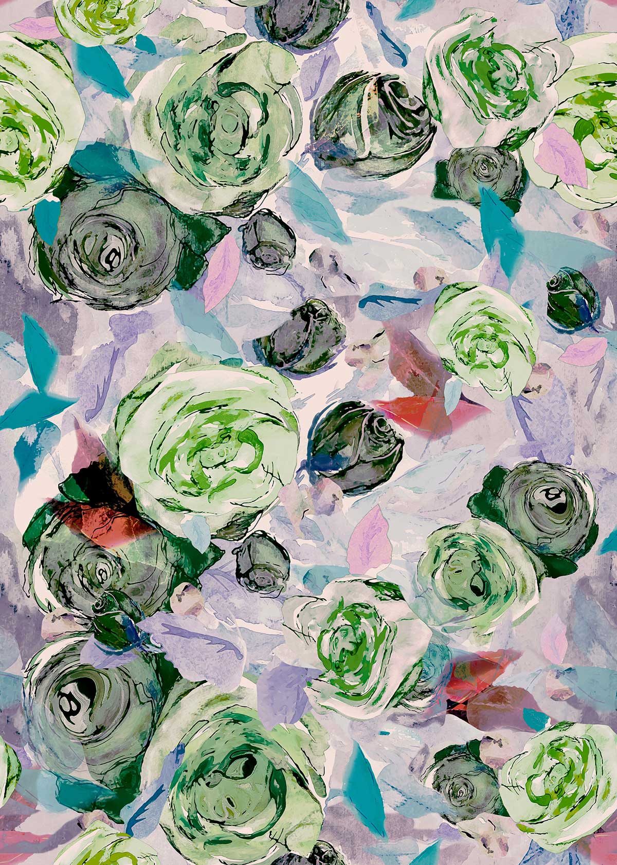 ©Byheart Design Sweden FL004 — Roses at Night, watercolor floral print in green pastel colorway.Repeat, 300 DPI. Available for B2B licensing.