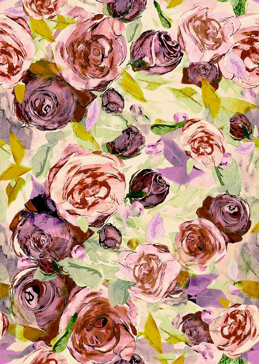 ©Byheart Design Sweden FL004 — Roses at Night, watercolor floral print in vintage pink colorway. Sseamless repeat, 300 DPI. Available for B2B licensing.