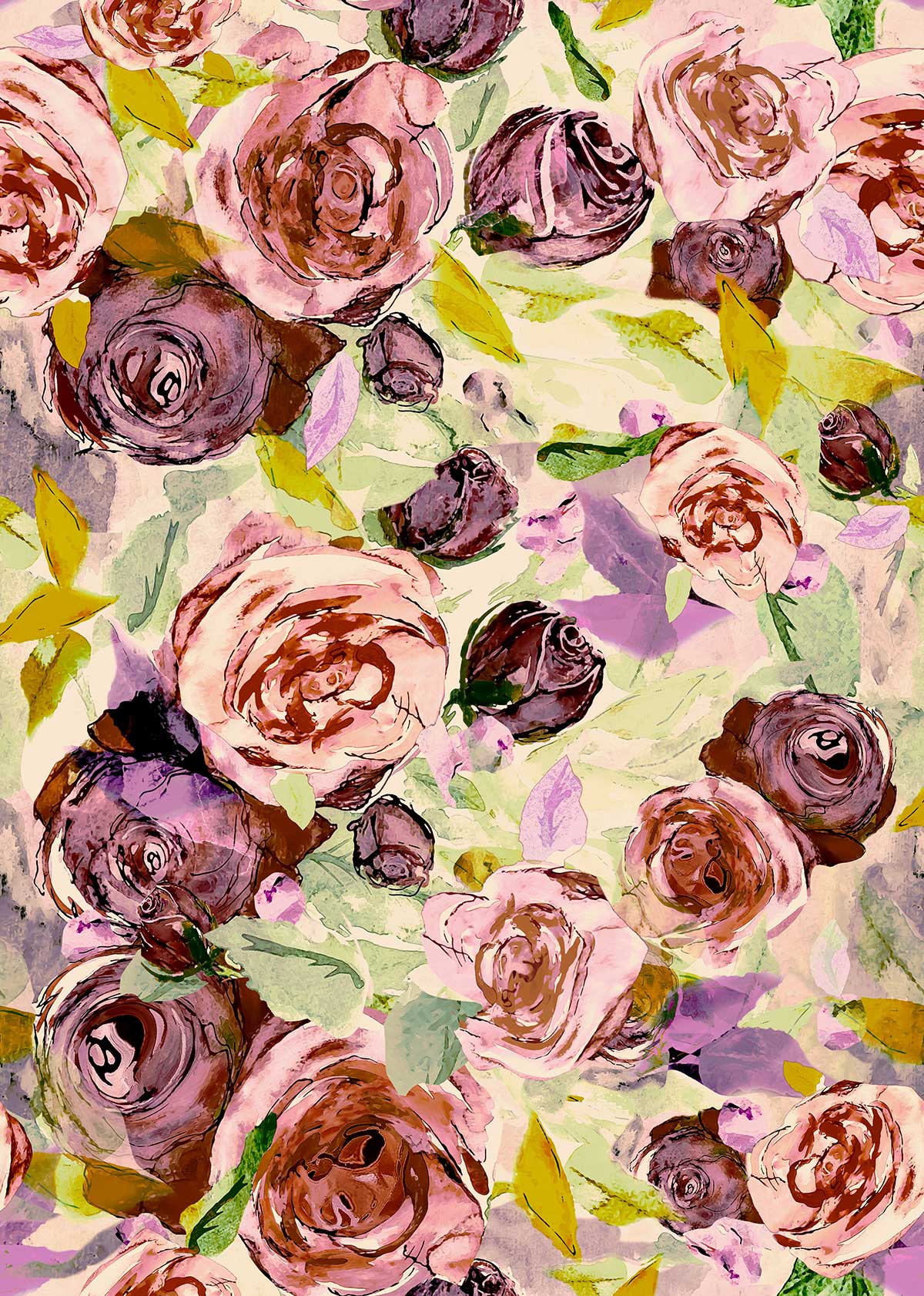 ©Byheart Design Sweden FL004 — Roses at Night, watercolor floral print in vintage pink colorway. Sseamless repeat, 300 DPI. Available for B2B licensing.