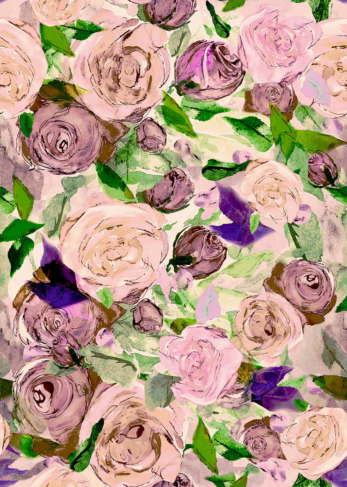 Pink Pastel → ©Byheart Design Sweden FL004 — Roses at Night, watercolor floral print in pink pastel colorway. Seamless repeat, 300 DPI. Available for B2B licensing.