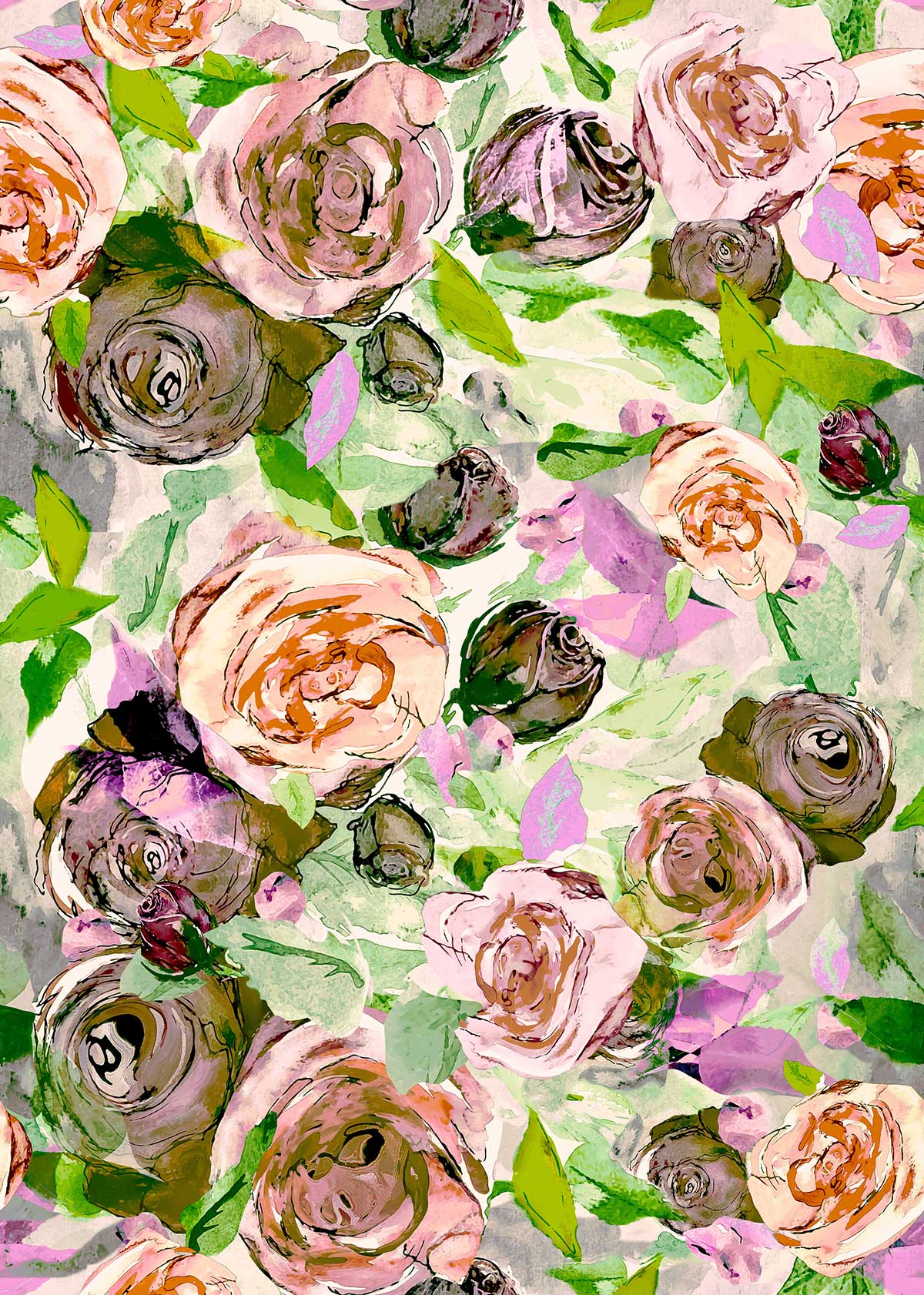 ©Byheart Design Sweden FL004 — Roses at Night, watercolor floral print in vintage green colorway.  300 DPI. Available for B2B licensing.