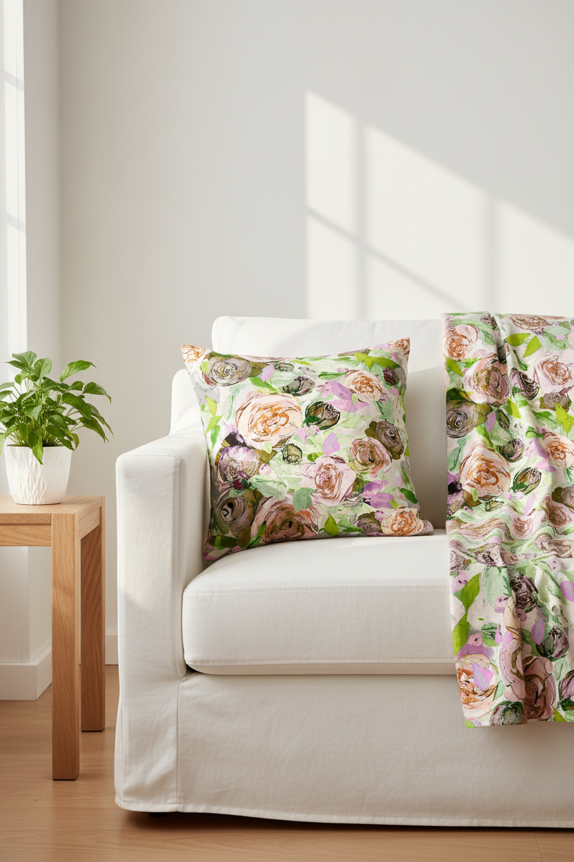 Roses at Night Vintage Green cushion in a Nordic interior — FL004 ©Byheart Design Sweden