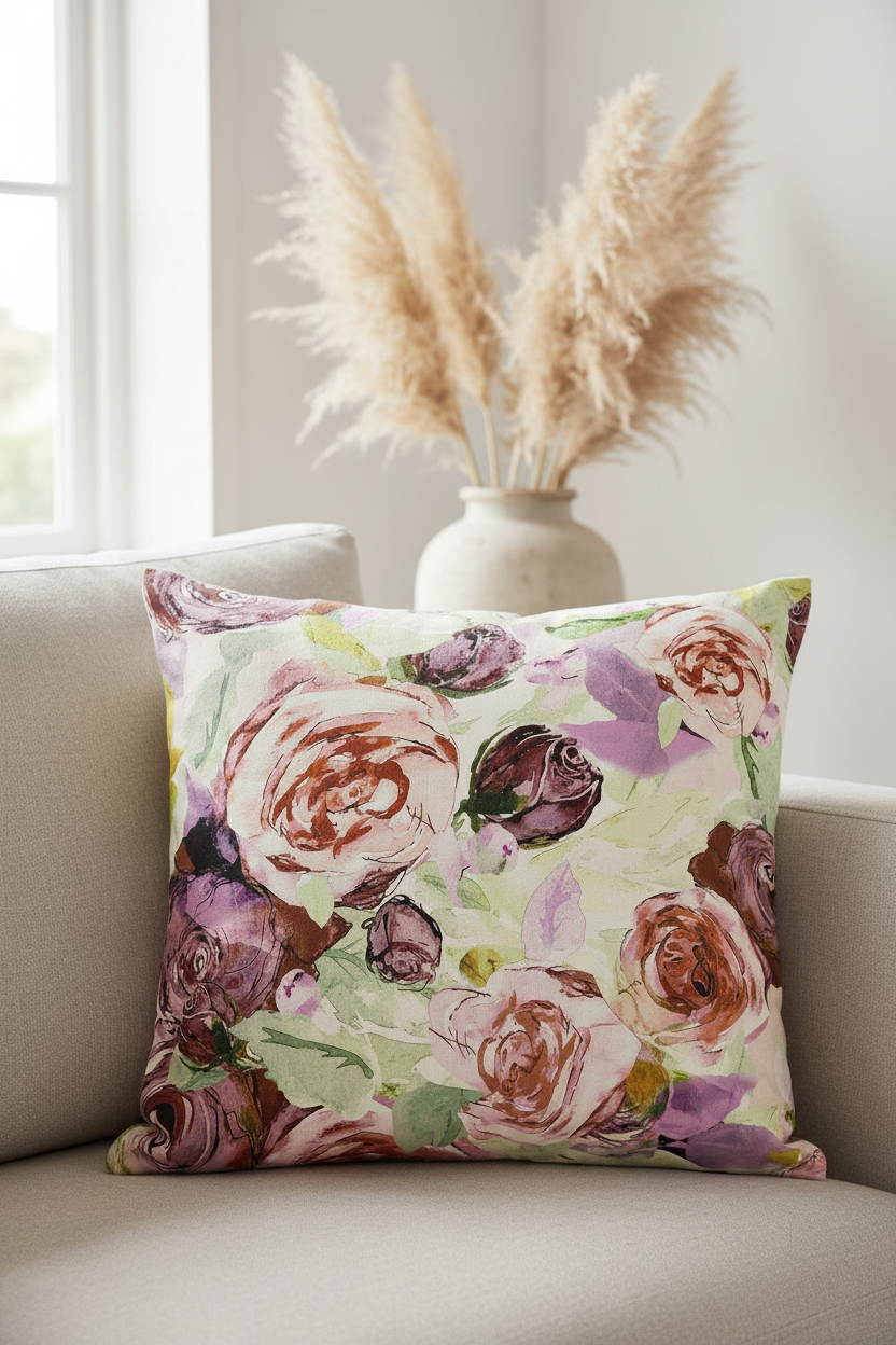 Roses at Night Vintage Pink cushion in a Scandinavian interior — FL004 ©Byheart Design Sweden