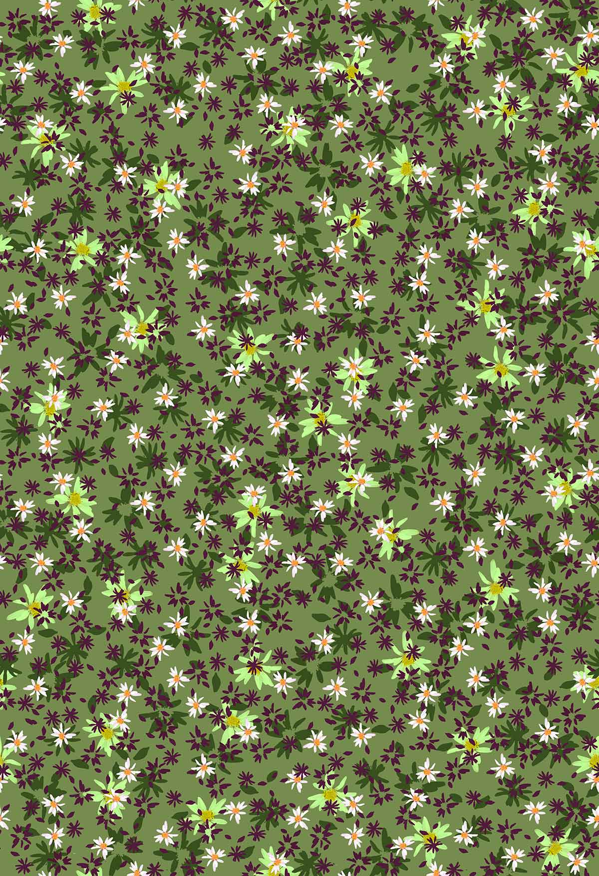 ©Byheart Design Sweden FL005 — Romance in an Instant, watercolor floral print in moss green shadow colorway.  seamless repeat, 300 DPI. Available for B2B licensing.