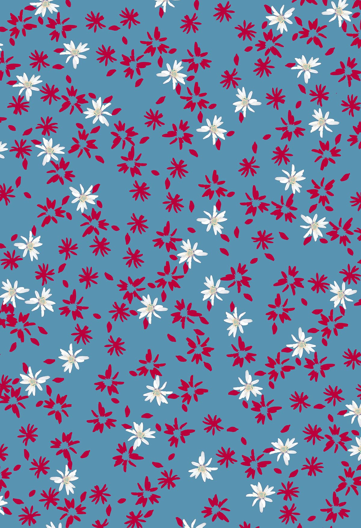 ©Byheart Design Sweden FL005 — Romance in an Instant, watercolor floral print in red blue colorway. seamless repeat, 300 DPI. Available for B2B licensing.
