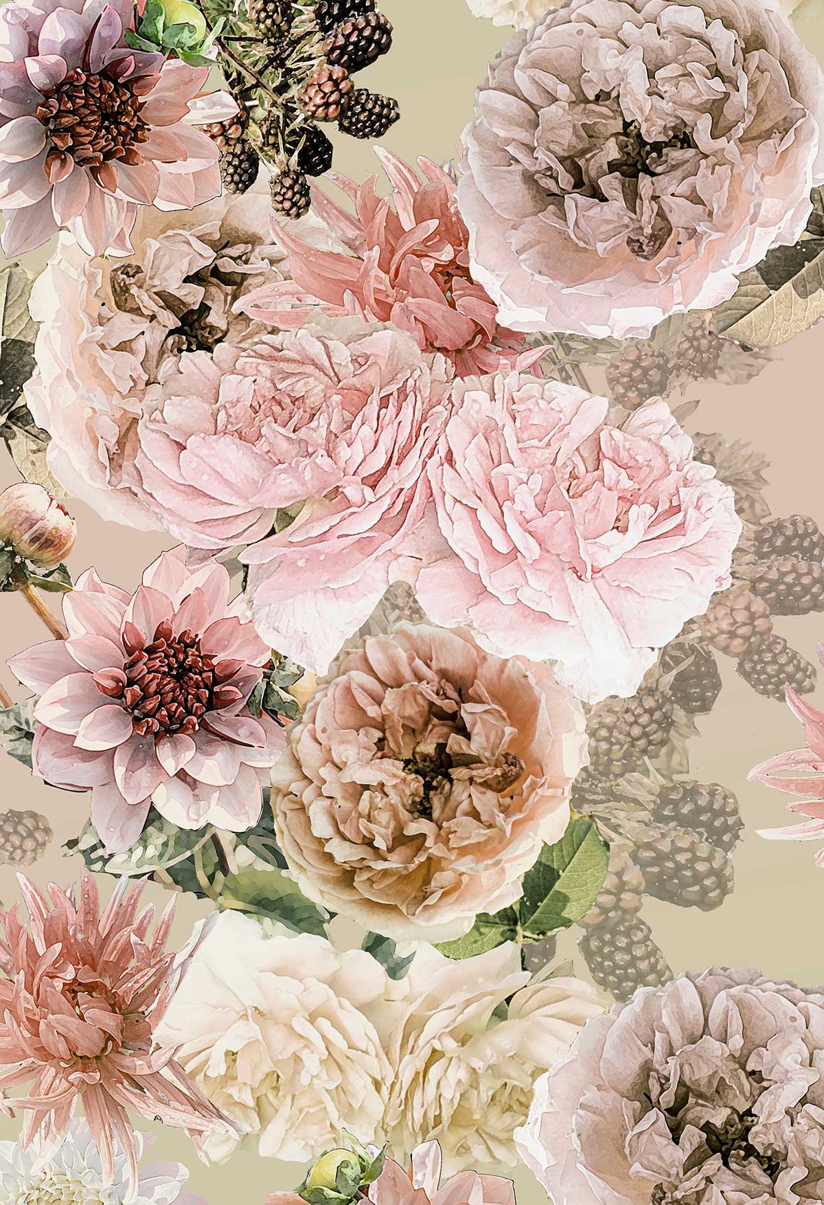 ©Byheart Design Sweden FL008 — Black Garden, watercolor floral print in Beige colorway. Seamless repeat, 300 DPI. Available for B2B licensing.

