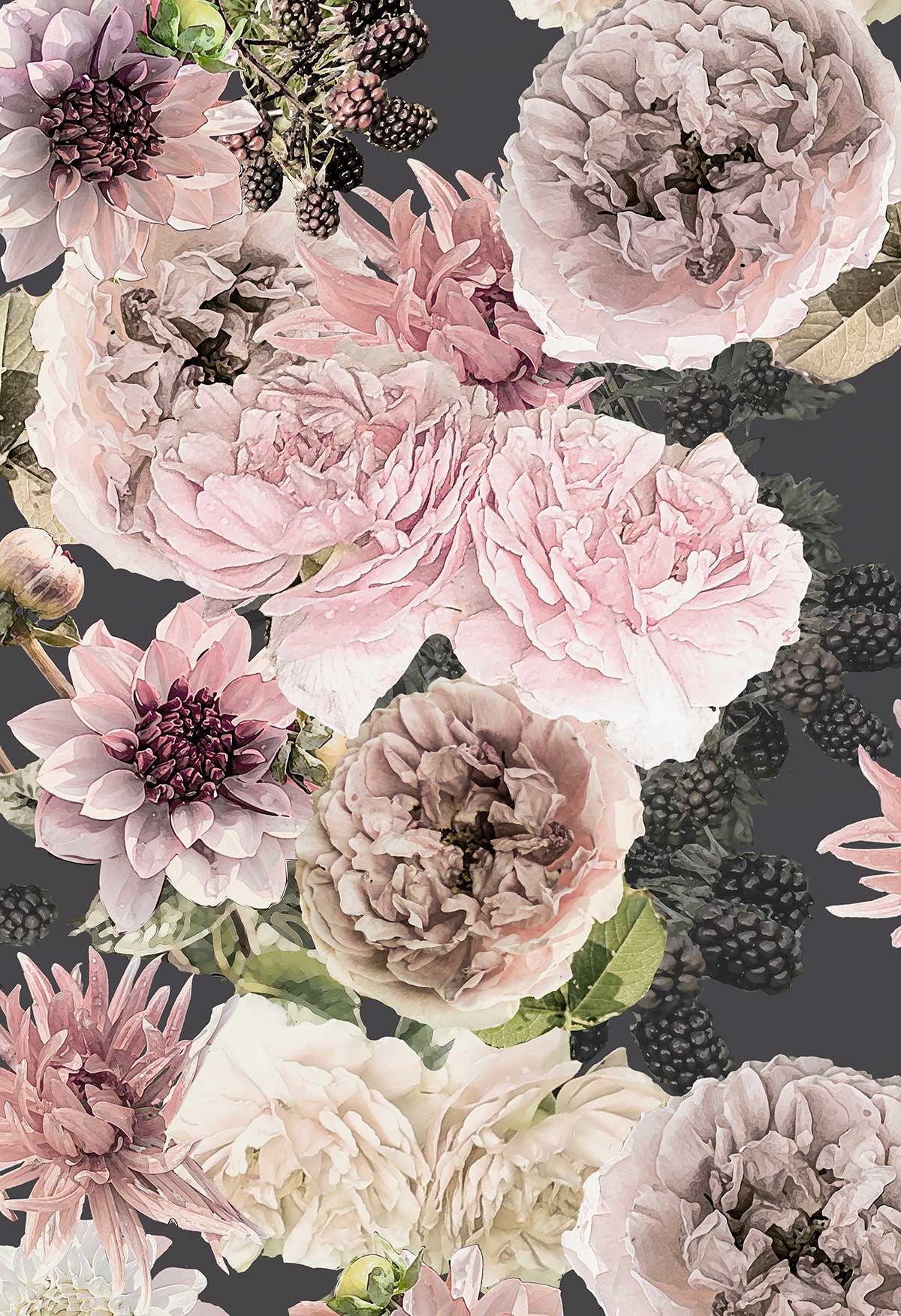 ©Byheart Design Sweden FL008 — Black Garden, watercolor floral print in dark grey colorway. Seamless repeat, 300 DPI. Available for B2B licensing.

