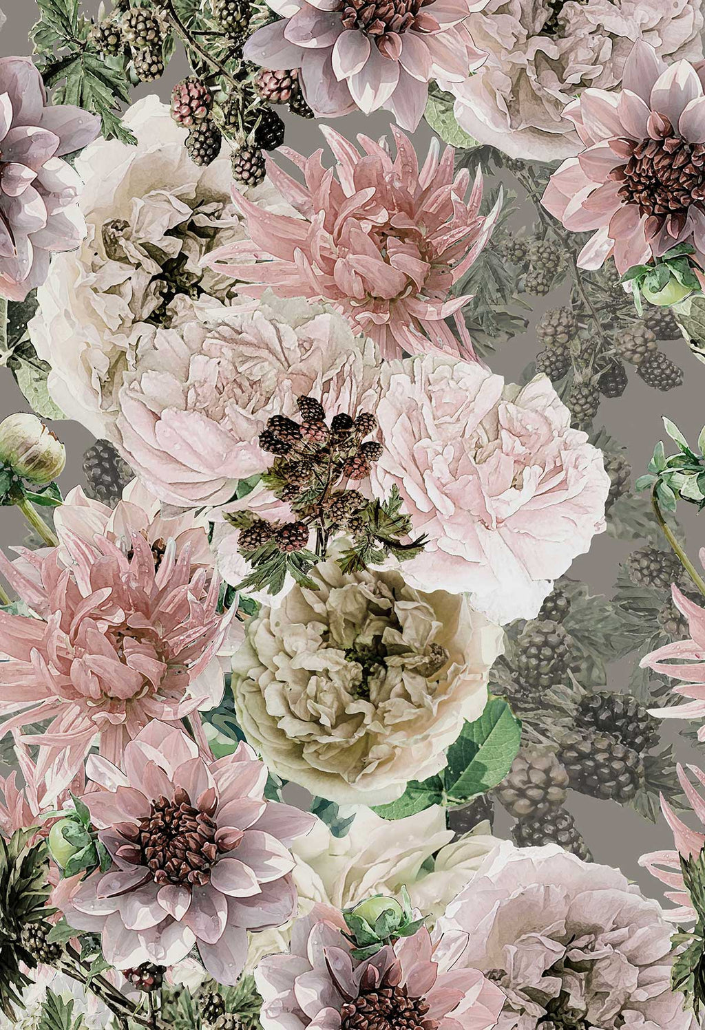 ©Byheart Design Sweden FL008 — Black Garden, watercolor floral print in Grey mix colorway. Seamless repeat, 300 DPI. Available for B2B licensing.

