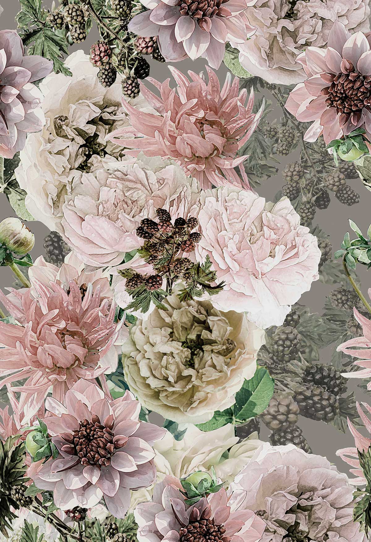 ©Byheart Design Sweden FL008 — Black Garden, watercolor floral print in Grey mix colorway. Seamless repeat, 300 DPI. Available for B2B licensing.

