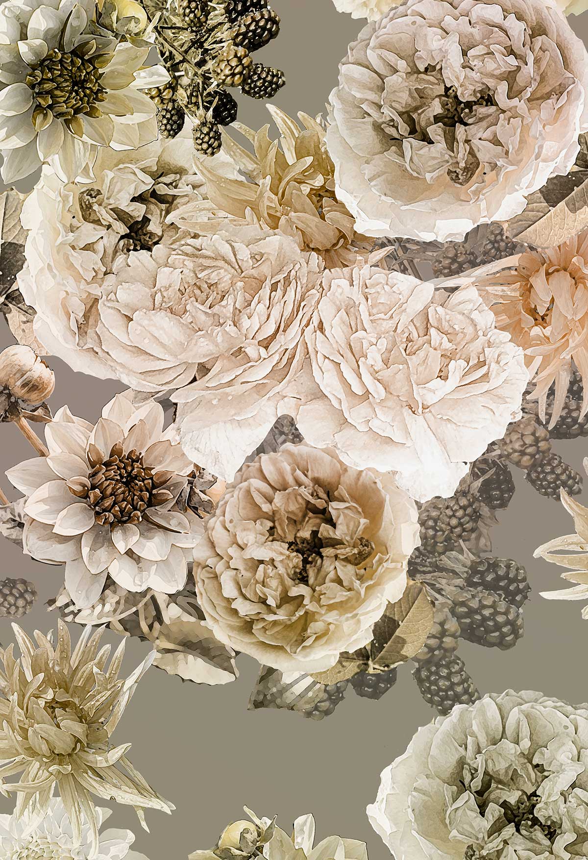 ©Byheart Design Sweden FL008 — Black Garden, watercolor floral print in grey warmth colorway. Seamless repeat, 300 DPI. Available for B2B licensing.

