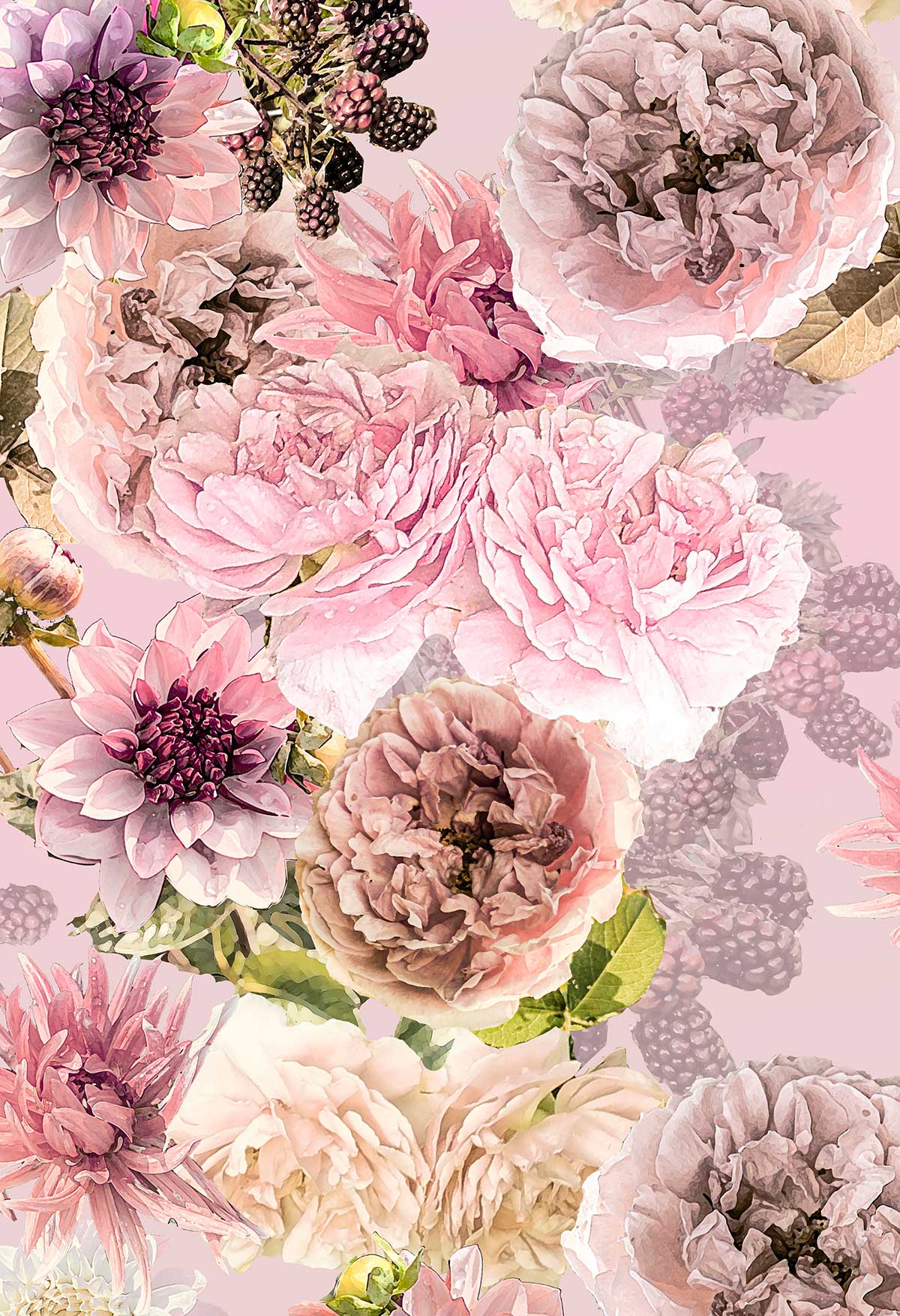 ©Byheart Design Sweden FL008 — Black Garden, watercolor floral print in lace pink colorway. Seamless repeat, 300 DPI. Available for B2B licensing.