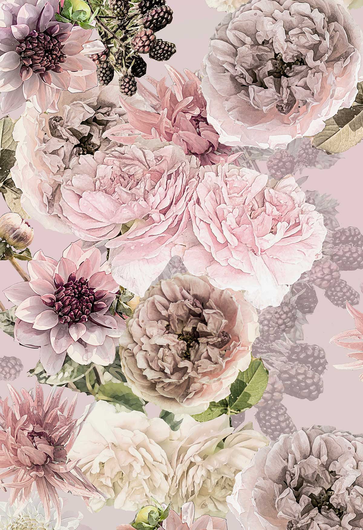 ©Byheart Design Sweden FL008 — Black Garden, watercolor floral print in lemonade  pink colorway. Seamless repeat, 300 DPI. Available for B2B licensing.

