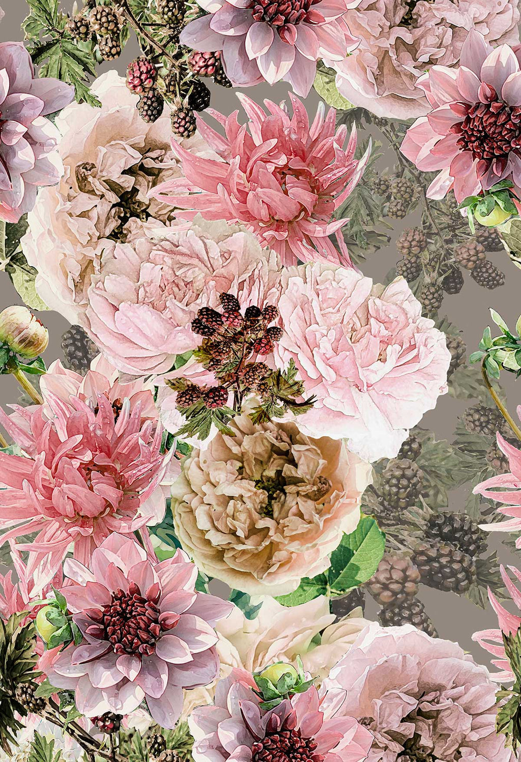 ©Byheart Design Sweden FL008 — Black Garden, watercolor floral print in mixd pink colorway. Seamless repeat, 300 DPI. Available for B2B licensing.

