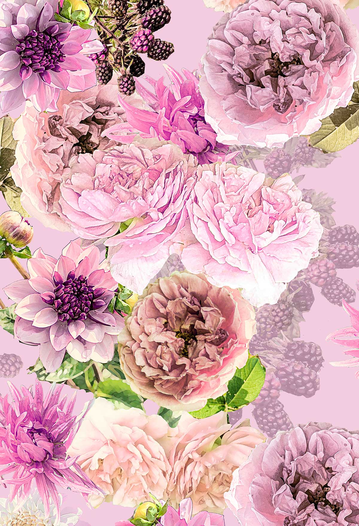 ©Byheart Design Sweden FL008 — Black Garden, watercolor floral print in Pink in pink colorway. Seamless repeat, 300 DPI. Available for B2B licensing.

