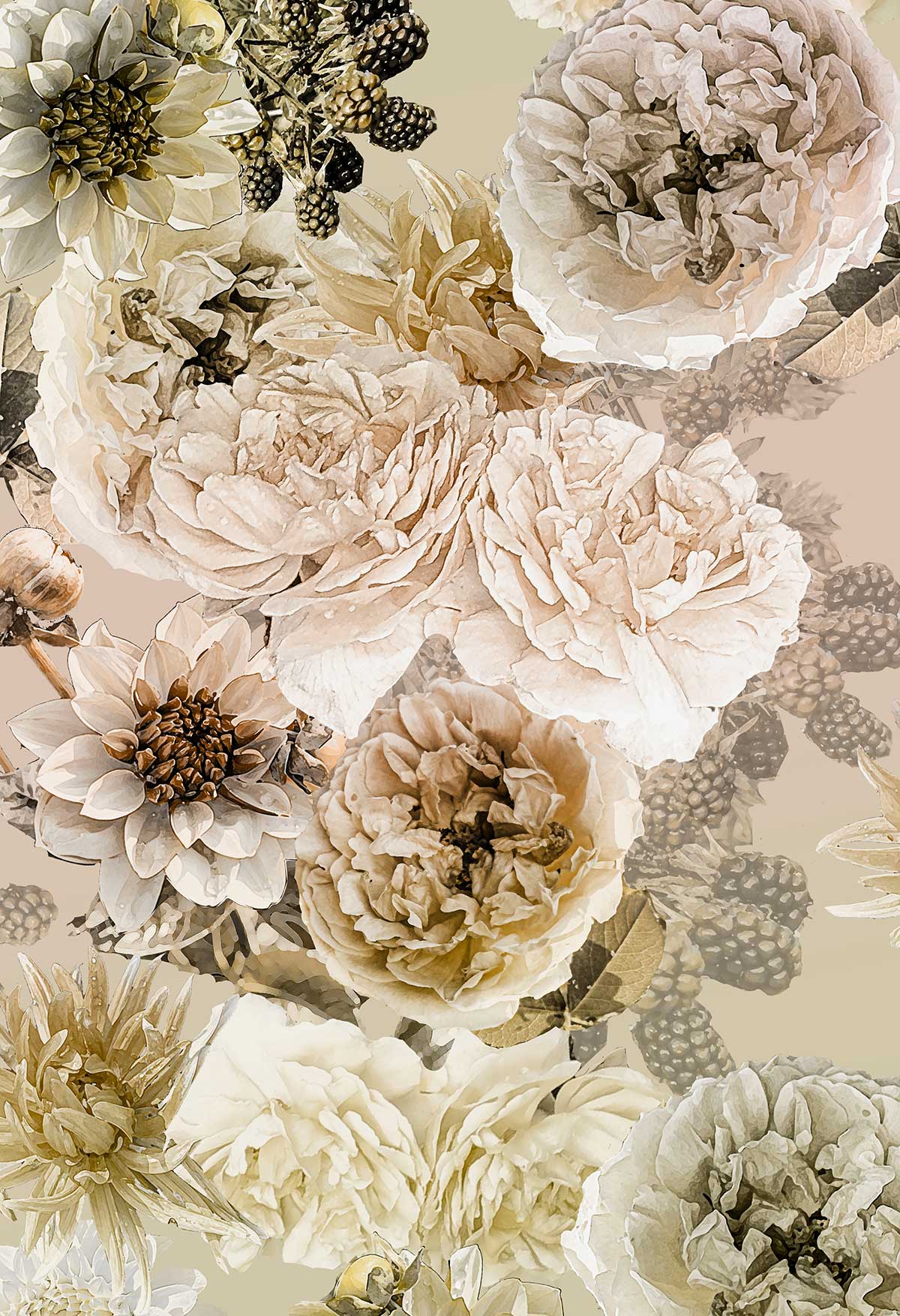 ©Byheart Design Sweden FL008 — Black Garden, watercolor floral print in pink-vanila colorway. Seamless repeat, 300 DPI. Available for B2B licensing.

