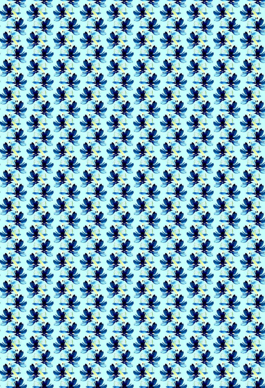 ©Byheart Design Sweden FL011 — Blue Blooms in Dots, watercolor floral print in blue colorway. Seamless repeat, 300 DPI. Available for B2B licensing.