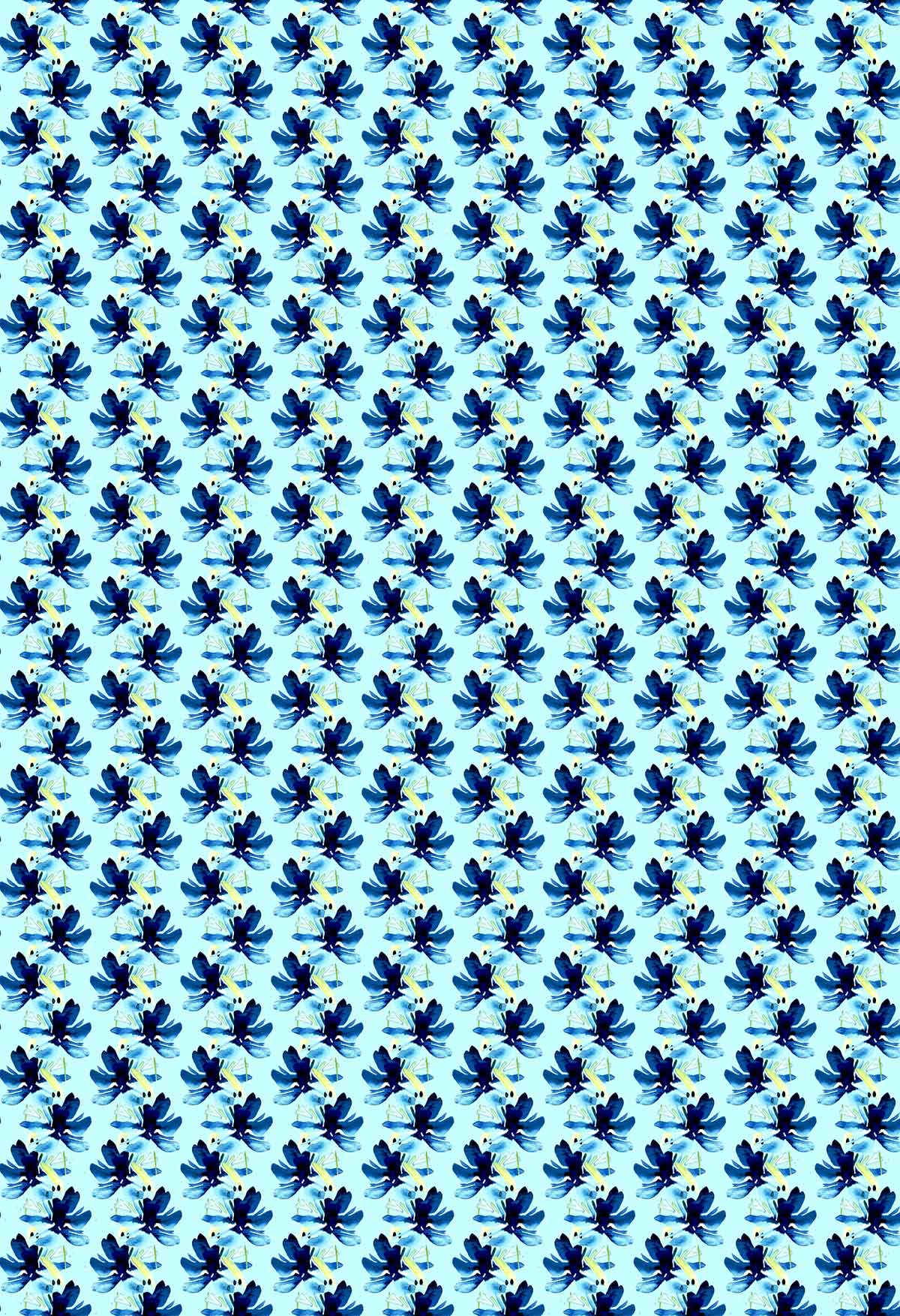 ©Byheart Design Sweden FL011 — Blue Blooms in Dots, watercolor floral print in blue colorway. Seamless repeat, 300 DPI. Available for B2B licensing.