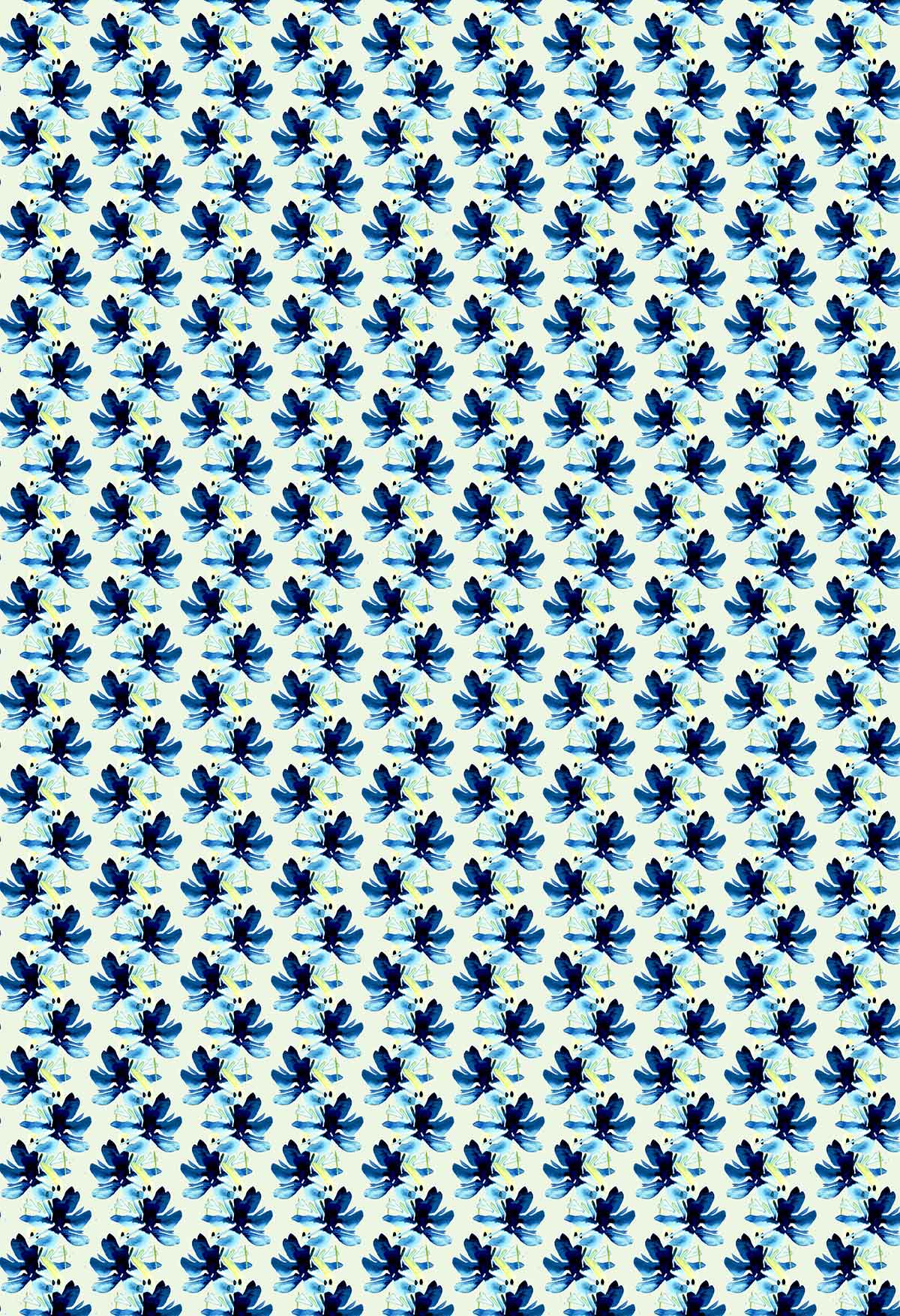 ©Byheart Design Sweden FL011 — Blue Blooms in Dots, watercolor floral print in Beige -blue-colorway. Seamless repeat, 300 DPI. Available for B2B licensing.