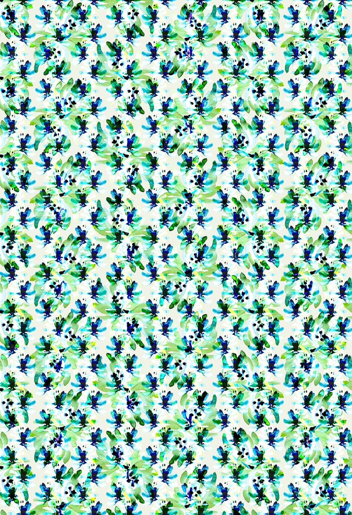 ©Byheart Design Sweden FL011 — Blue Blooms in Dots, watercolor floral print in Blue olorway. Seamless repeat, 300 DPI. Available for B2B licensing.