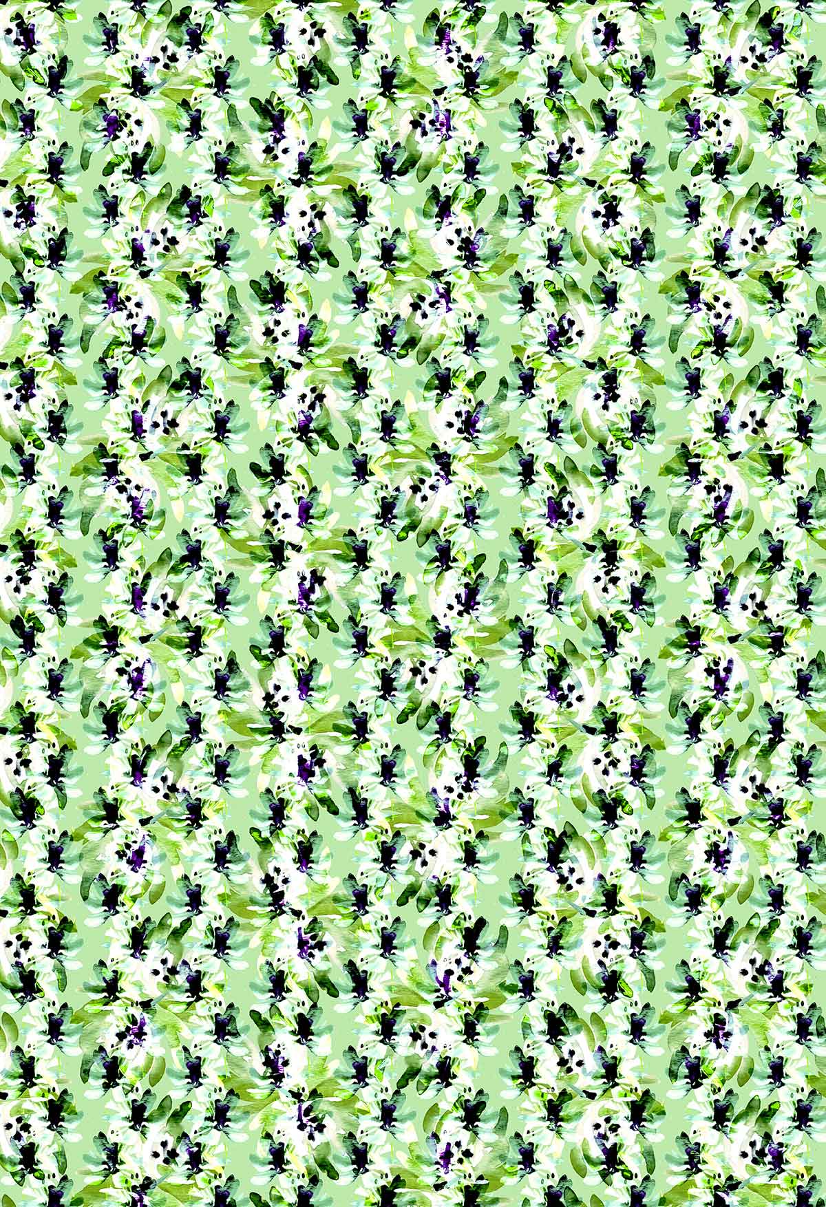 ©Byheart Design Sweden FL011 — Blue Blooms in Dots, watercolor floral print in green  colorway. Seamless repeat, 300 DPI. Available for B2B licensing.