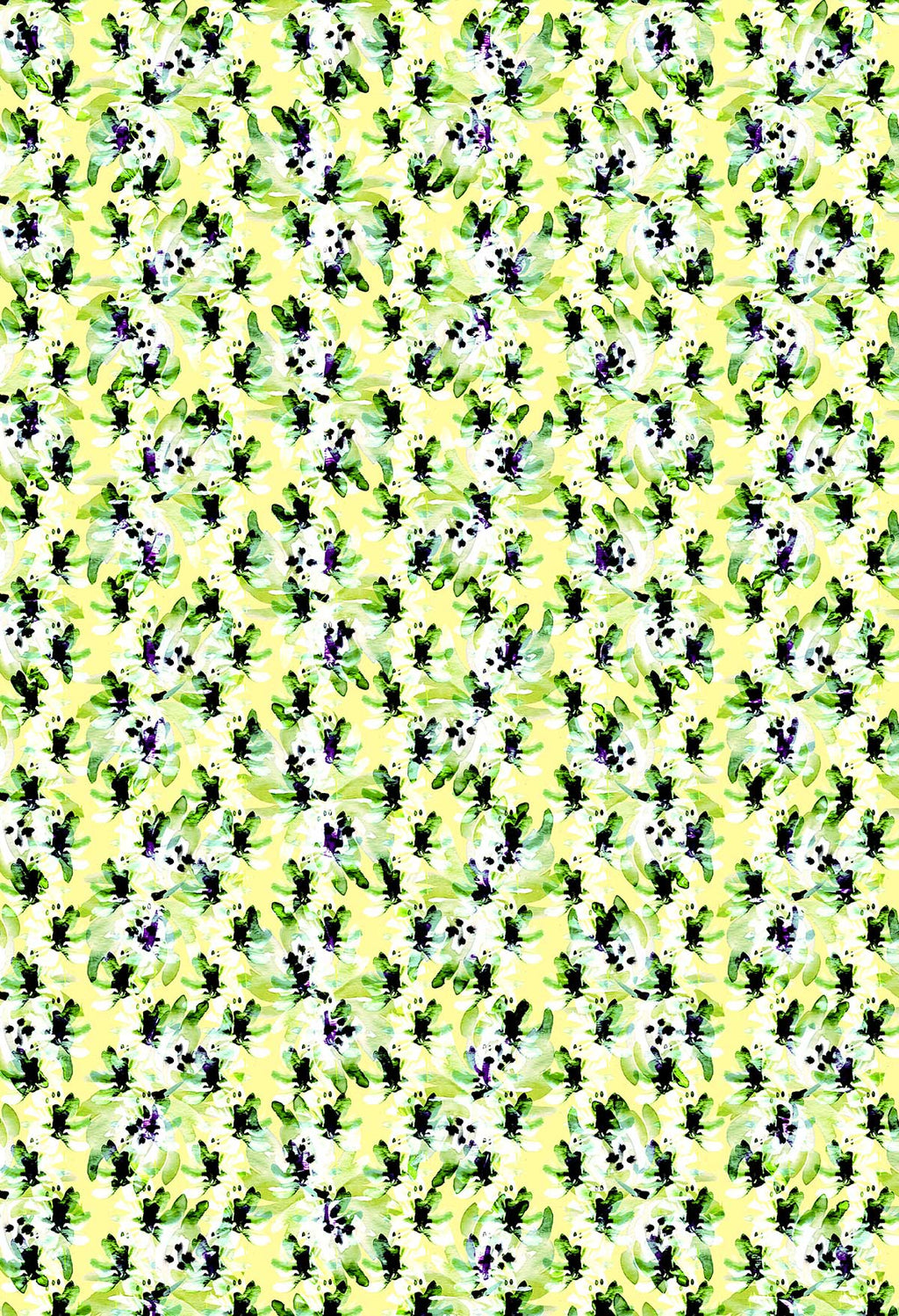 ©Byheart Design Sweden FL011 — Blue Blooms in Dots, watercolor floral print in Lime Yellow colorway. Seamless repeat, 300 DPI. Available for B2B licensing.