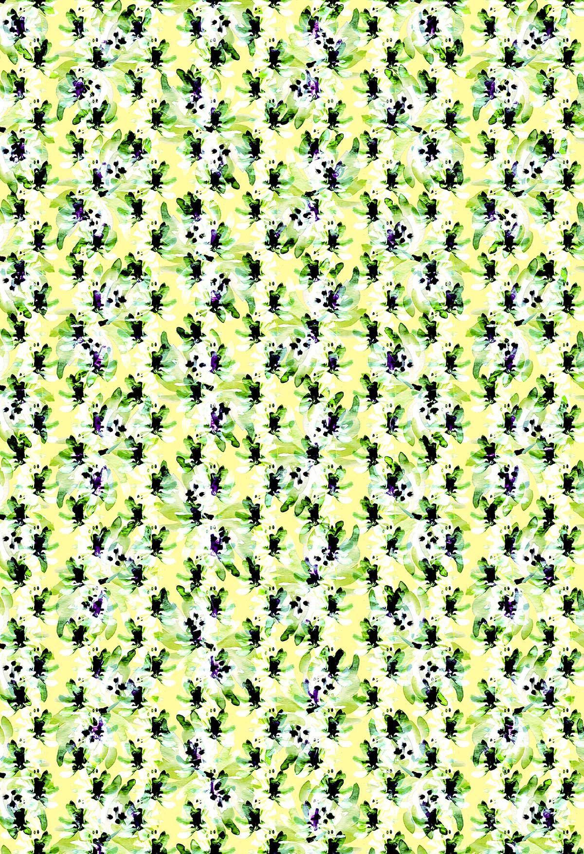 ©Byheart Design Sweden FL011 — Blue Blooms in Dots, watercolor floral print in Lime Yellow colorway. Seamless repeat, 300 DPI. Available for B2B licensing.