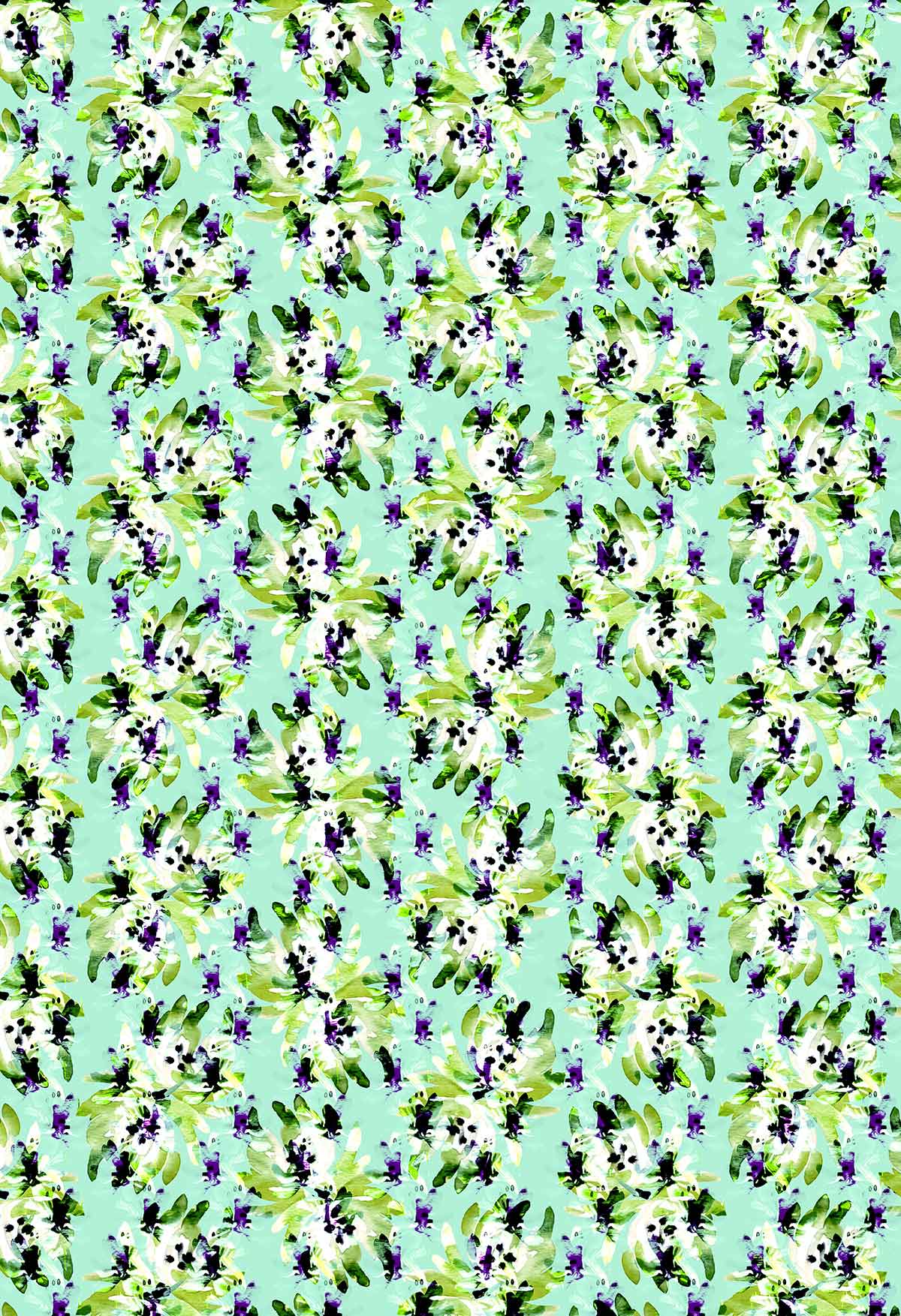 ©Byheart Design Sweden FL011 — Blue Blooms in Dots, watercolor floral print in mint green colorway. Seamless repeat, 300 DPI. Available for B2B licensing.