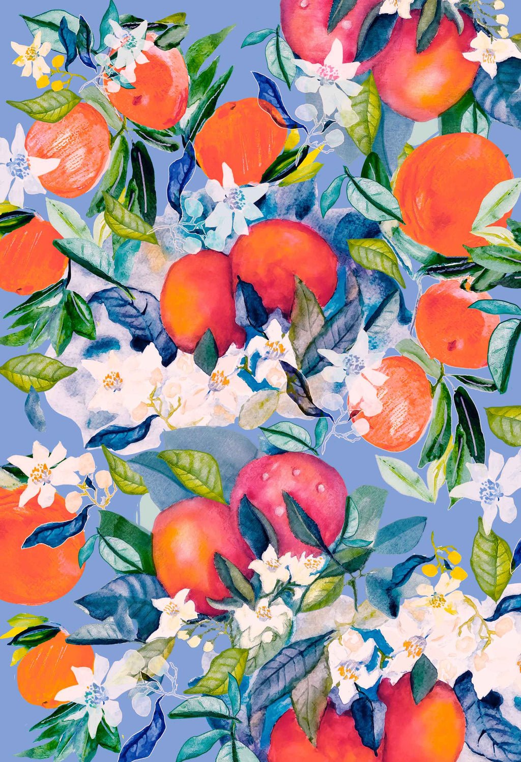 ©Byheart Design Sweden FR001 — Orange Delight, watercolor fruit print in blue colorway. 33x48 cm seamless repeat, 300 DPI. Available for B2B licensing.