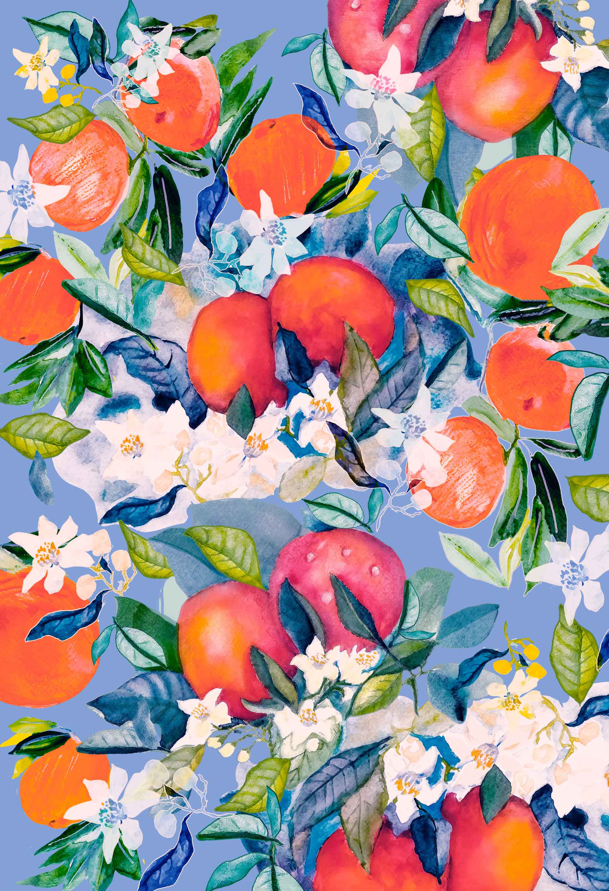 ©Byheart Design Sweden FR001 — Orange Delight, watercolor fruit print in blue colorway. 33x48 cm seamless repeat, 300 DPI. Available for B2B licensing.