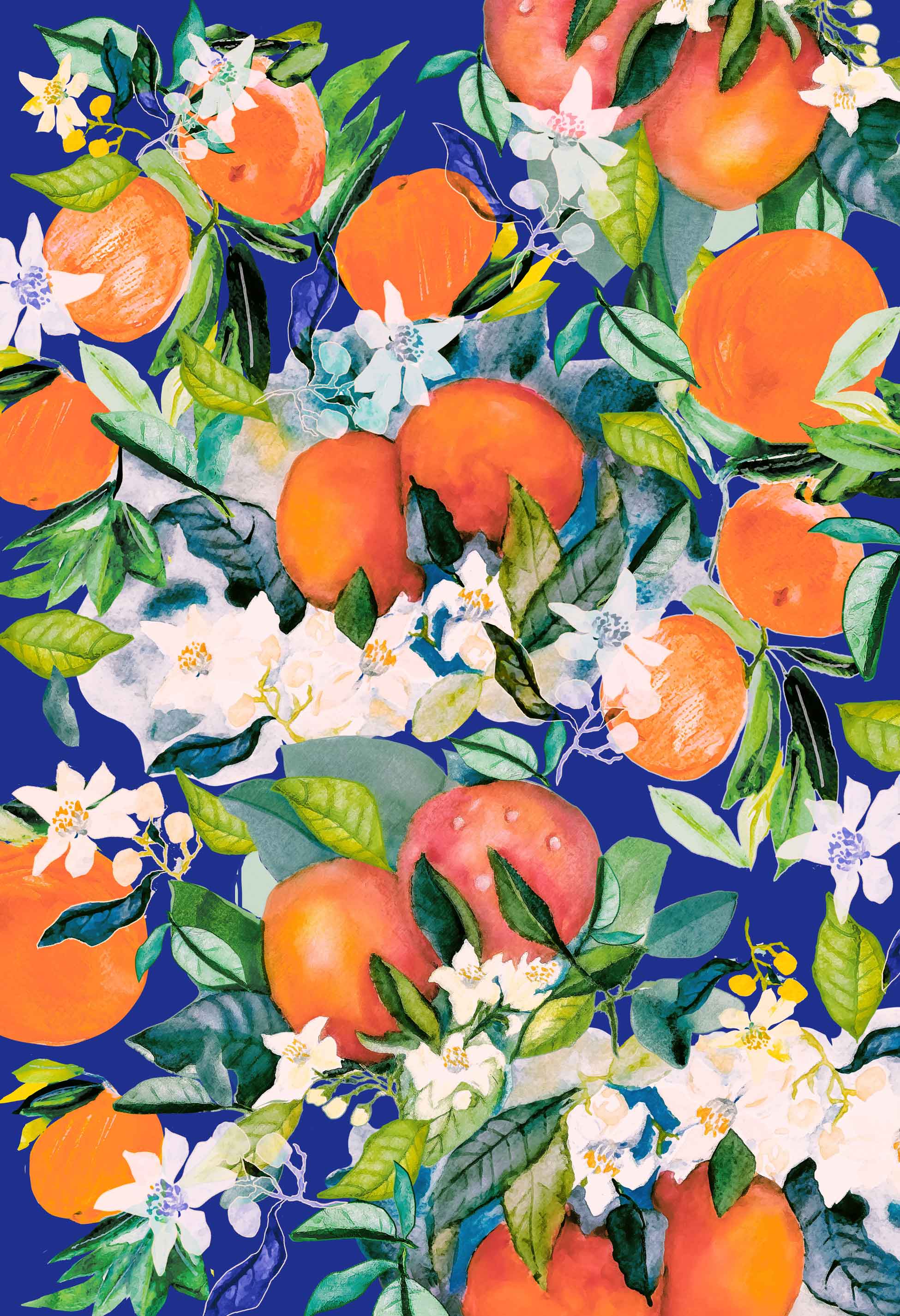 ©Byheart Design Sweden FR001 — Orange Delight, watercolor fruit print in indigo blue colorway. 33x48 cm seamless repeat, 300 DPI. Available for B2B licensing.