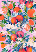 ©Byheart Design Sweden FR001 — Orange Delight, watercolor fruit print in pink colorway. 33x48 cm seamless repeat, 300 DPI. Available for B2B licensing.